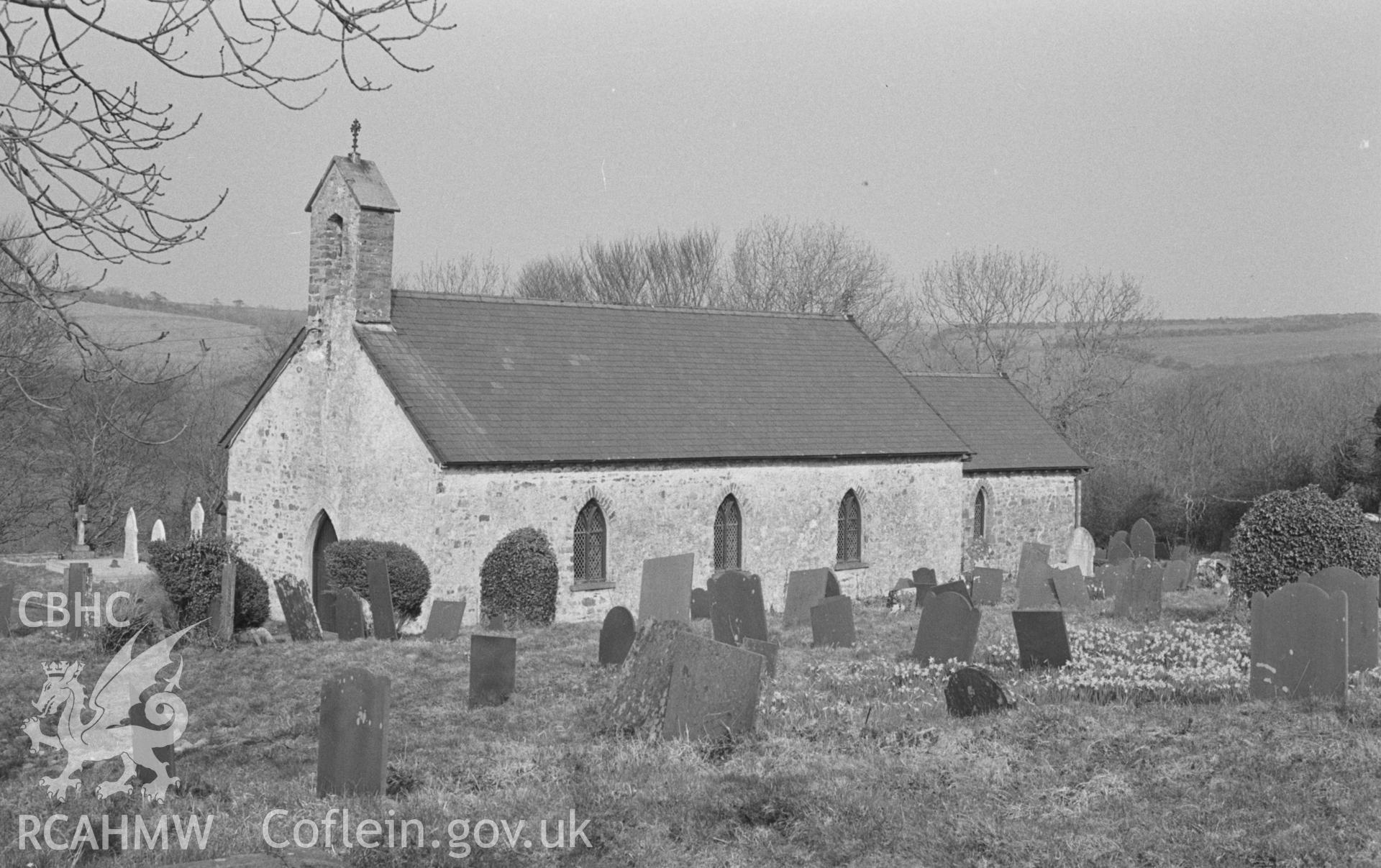 Black and White photograph showing Llandysiliogogo parish church, with daffodils in flower. Photographed by Arthur Chater in April 1963 from Grid Reference SN 365 575, looking north-east.