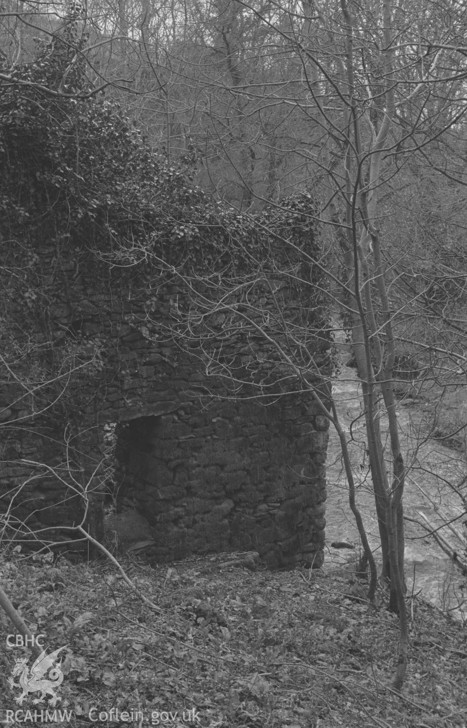 Black and White photograph showing view looking down towards the wheel pit of the ruined Felin-fach, Cwm Peris. The mill was deserted c. 1920. Photographed by Arthur Chater in April 1962, at Grid Reference SN 534 671, looking west.