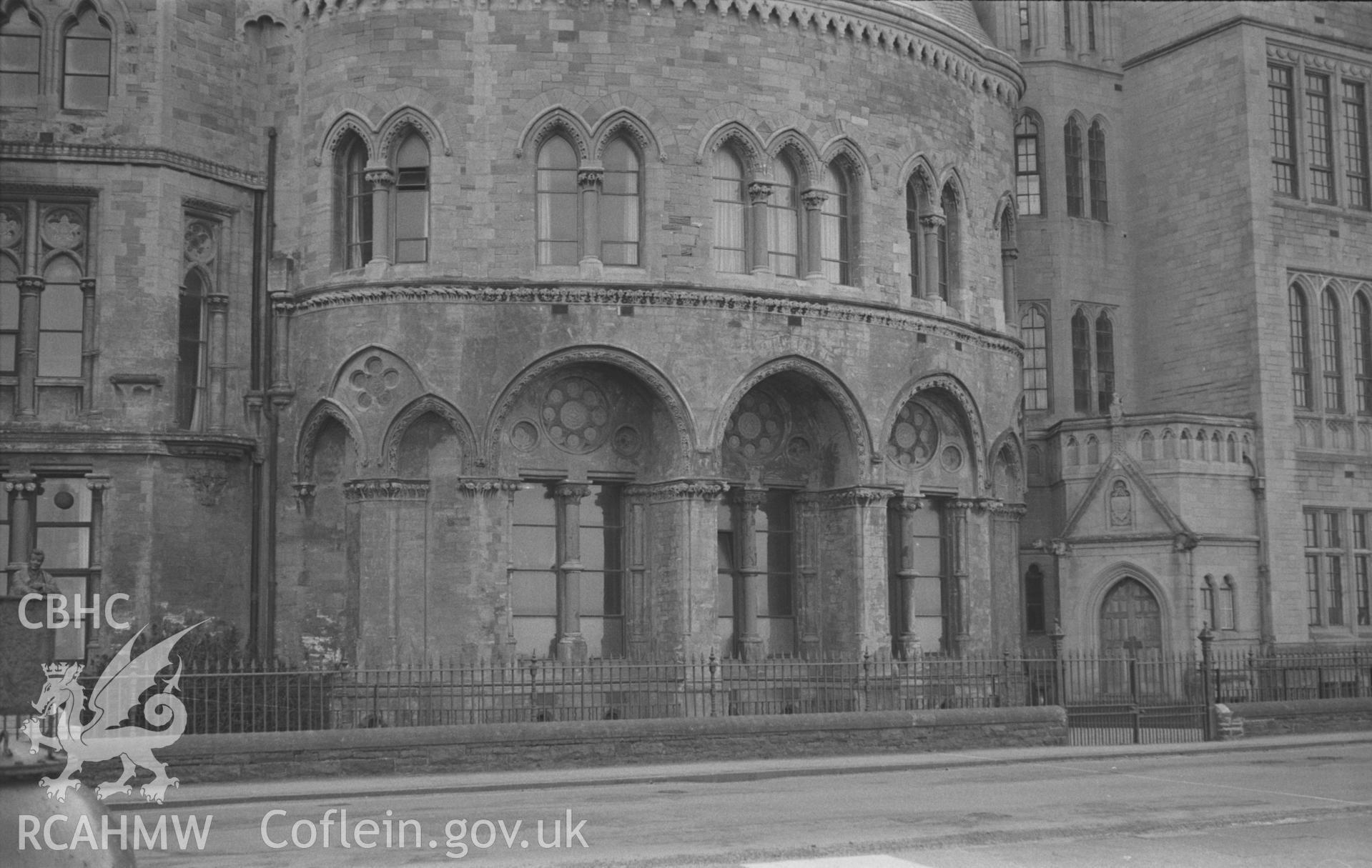 Black and White photograph showing the northwestern front of the Old College, Aberystwyth. Photographed by Arthur Chater in March 1961 from Grid Reference SN 5808 8176, looking south.