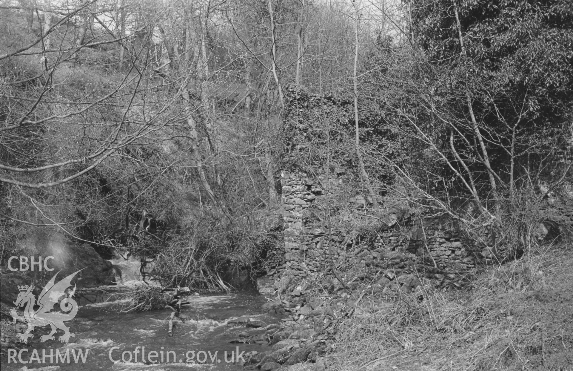 Black and White photograph showing ruins of Felin-fach on the south side of the stream, Cwm Peris, Llanon. Photographed by Arthur Chater in April 1962, from Grid Reference SN 534 671, looking north east.