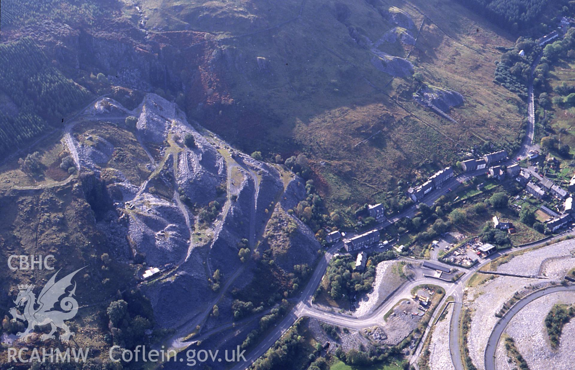 RCAHMW colour slide oblique aerial photograph of Gaewern Quarry (slate), Corris, taken by C.R. Musson, 09/10/94