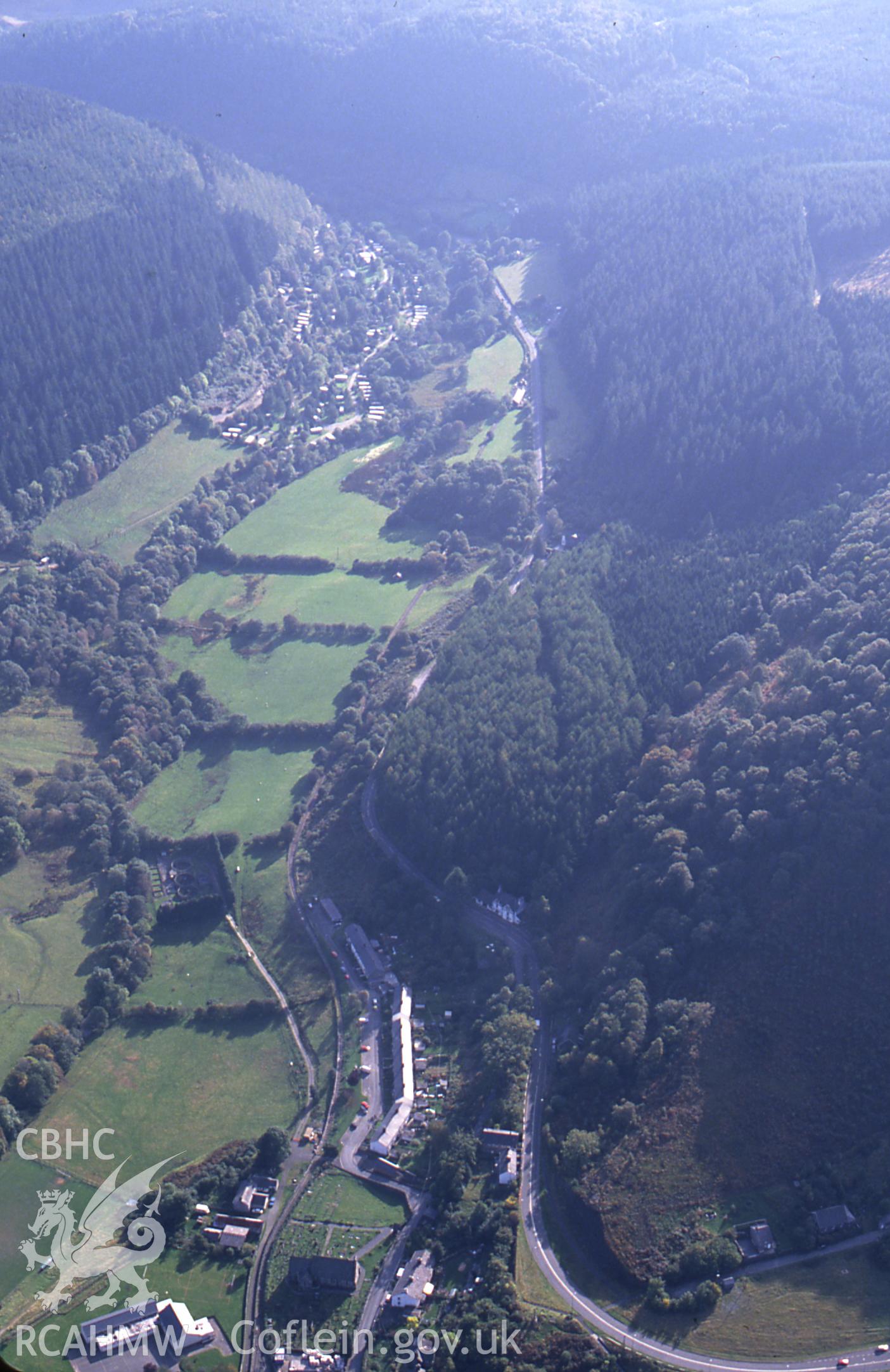 RCAHMW colour slide oblique aerial photograph of Corris Railway, Machynlleth, taken by C.R. Musson, 09/10/94