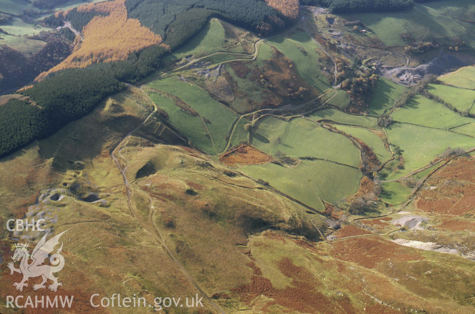 RCAHMW colour slide oblique aerial photograph of Pencraig Ddu Lead & Silver Mines, Melindwr, taken on 30/10/1992 by CR Musson