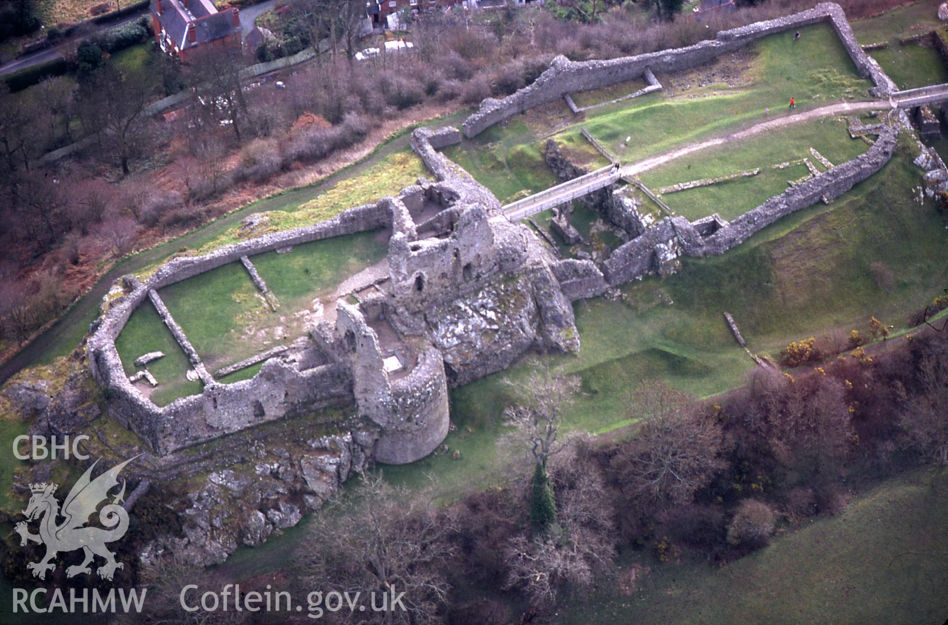 Slide of RCAHMW colour oblique aerial photograph of Montgomery Castle, taken by C.R. Musson, 14/3/1999.