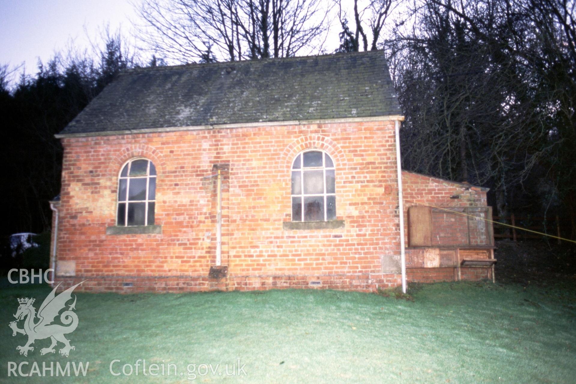 Exterior, RH side elevation & rear lean-to chapel wwodshed (for former boiler) (with flash)