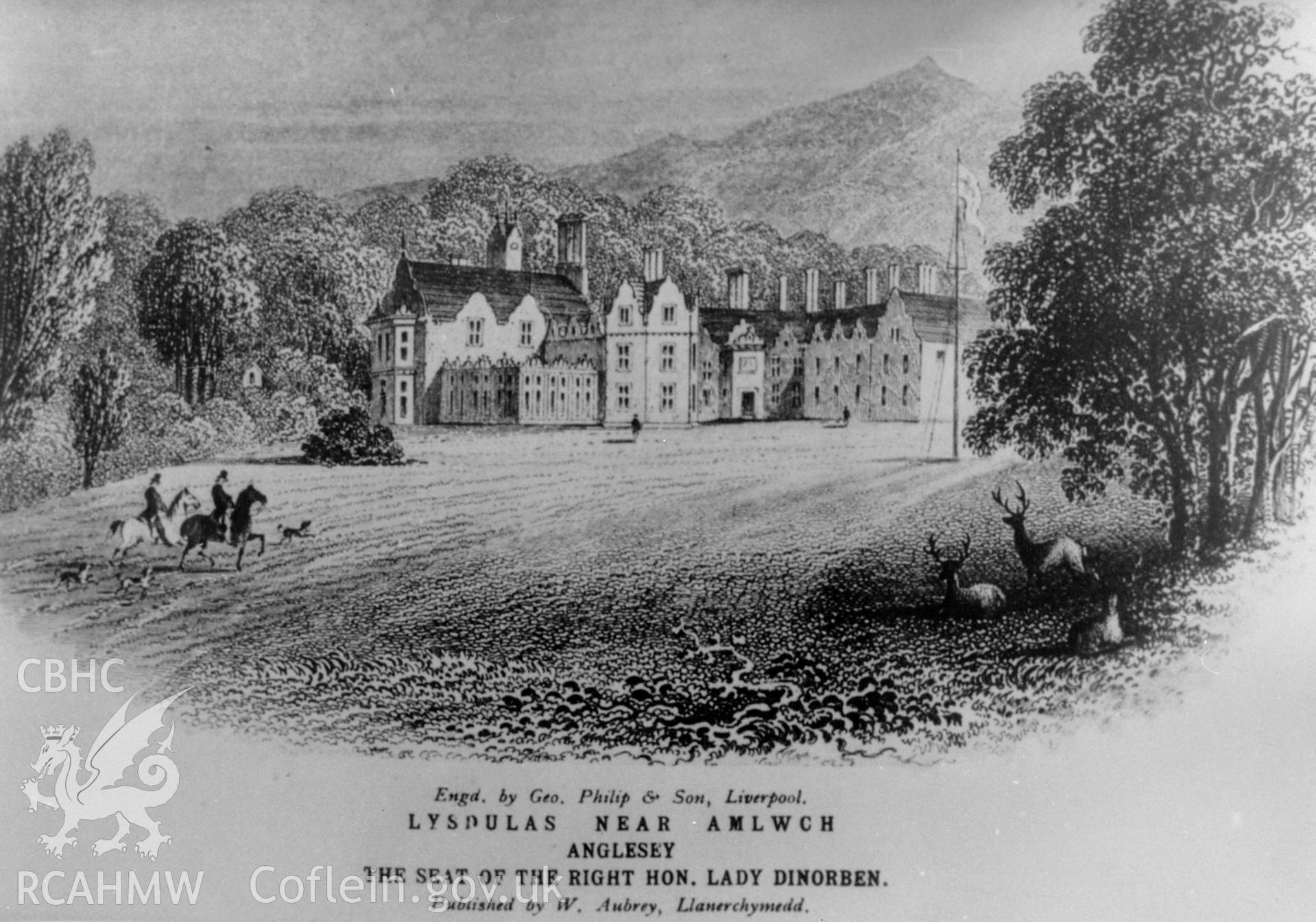 Black and white print of a sketch showing view of Llys-Dulas, Dulas, copied from a postcard loaned by Thomas Lloyd.