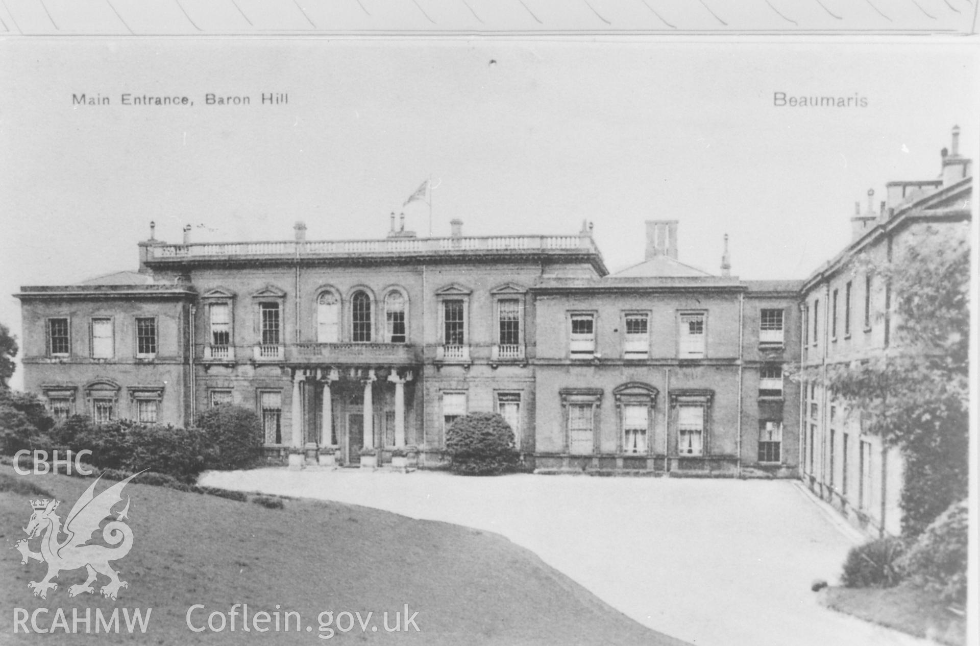 Black and white print of Baron Hill, Beaumaris, copied from a postcard loaned by Thomas Lloyd.
