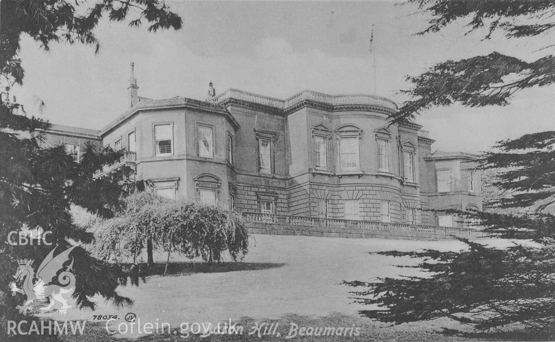 Black and white print showing exterior of Baron Hill, Beaumaris, copied from a postcard loaned by Thomas Lloyd.