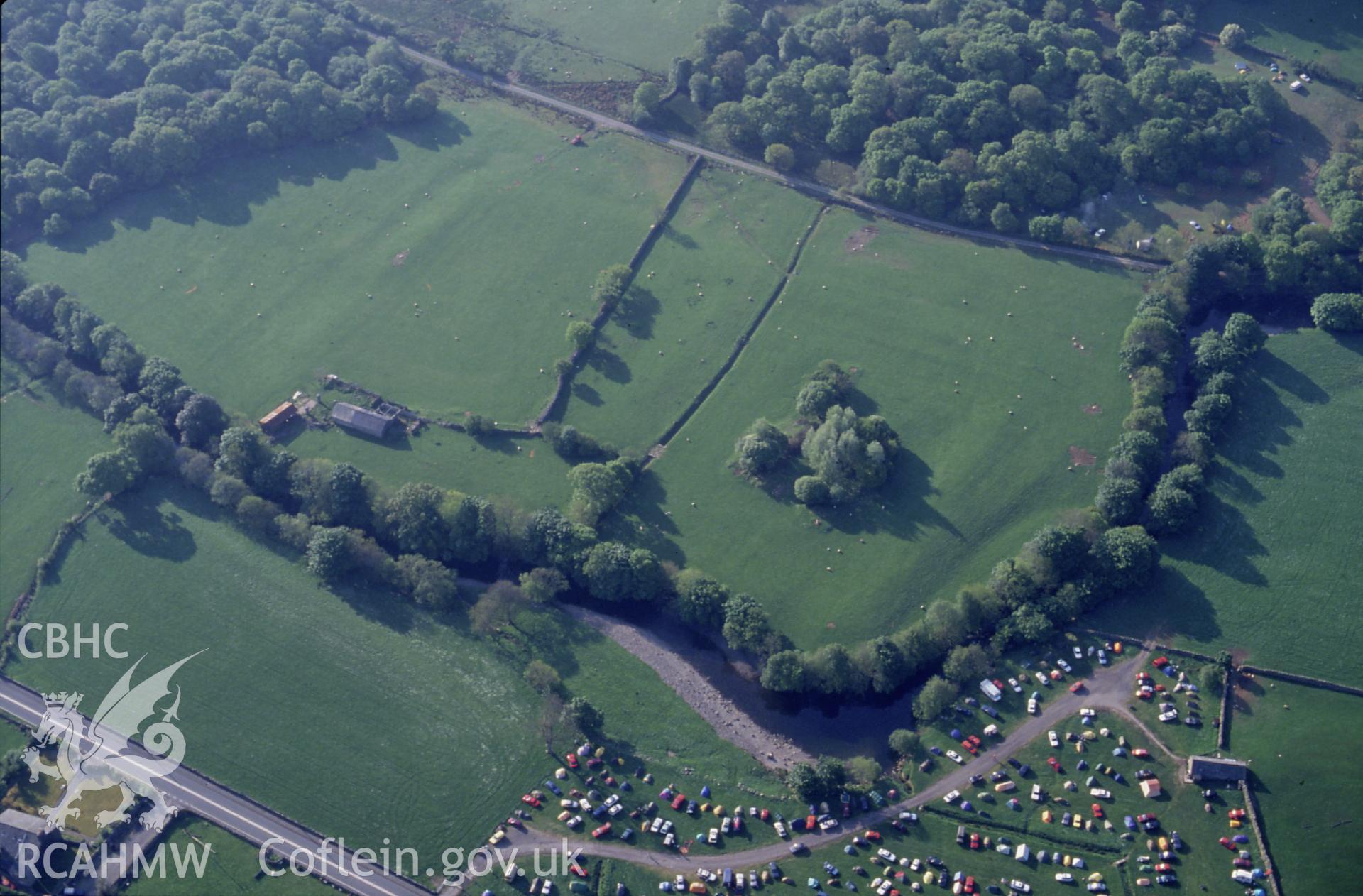 Slide of RCAHMW colour oblique aerial photograph of Bryn-y-gefeiliau Roman Site, taken by C.R. Musson, 30/5/1994.