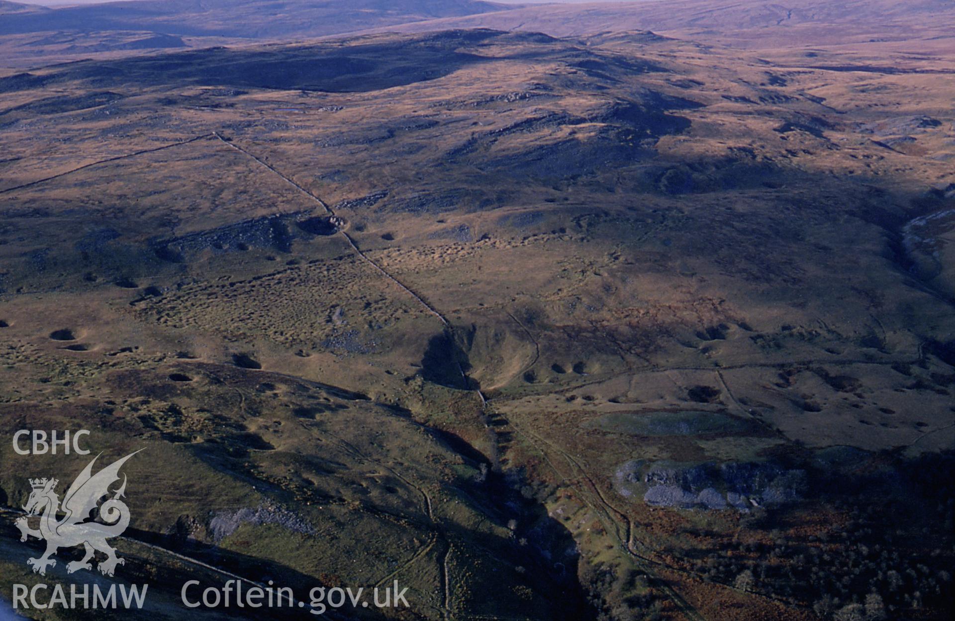 RCAHMW colour slide oblique aerial photograph of Brecon Forest Tramroad, Cribarth (part), Tawe-uchaf, taken by CR Musson on 24/11/88