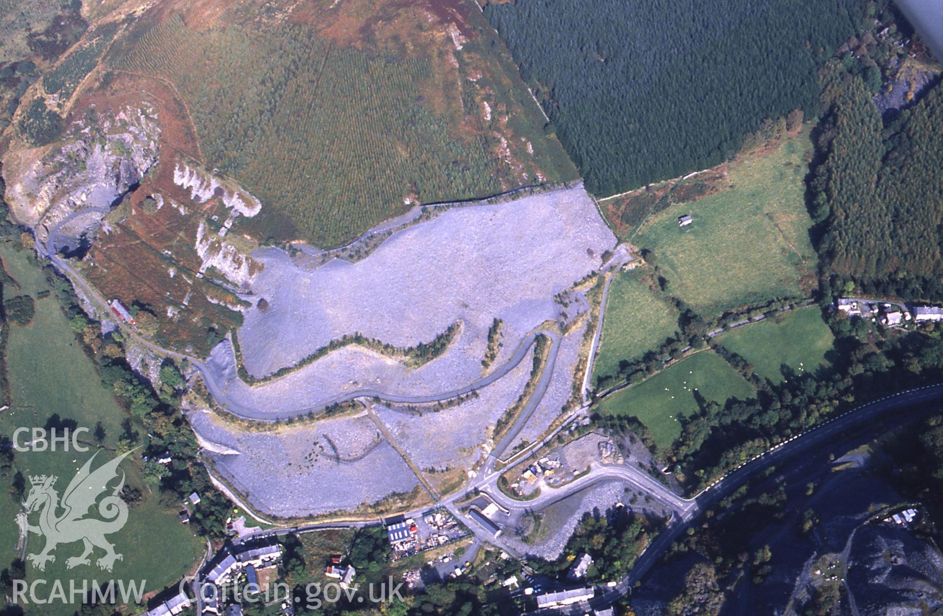 RCAHMW colour slide oblique aerial photograph of Abercwmeiddaw Slate Quarry, Corris, taken by C.R. Musson, 09/10/94