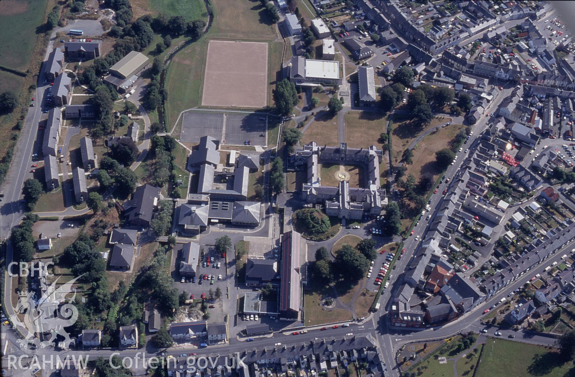 Slide of RCAHMW colour oblique aerial photograph of St David's College, Lampeter, taken by C.R. Musson, 23/8/1995.