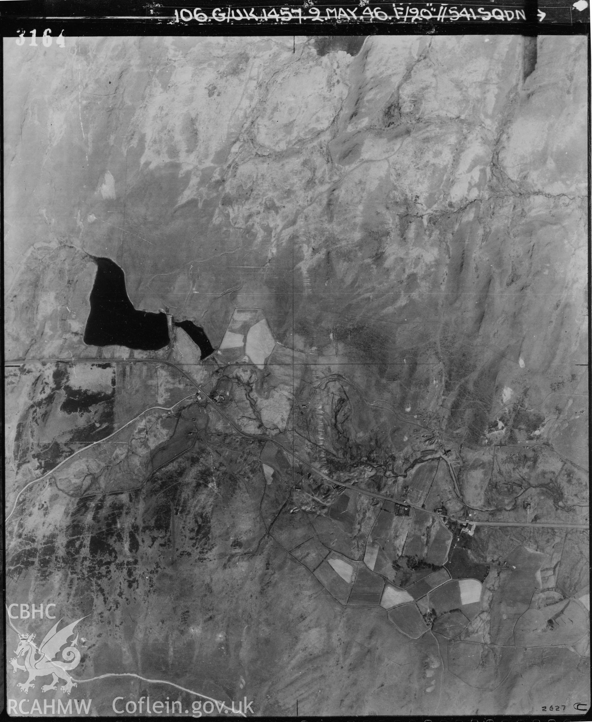 Black and white vertical aerial photograph taken by the RAF on 02/05/1946 centred on SN72828126 at a scale of 1:10000. The photograph includes part of Blaenrheidol community in Ceredigion.