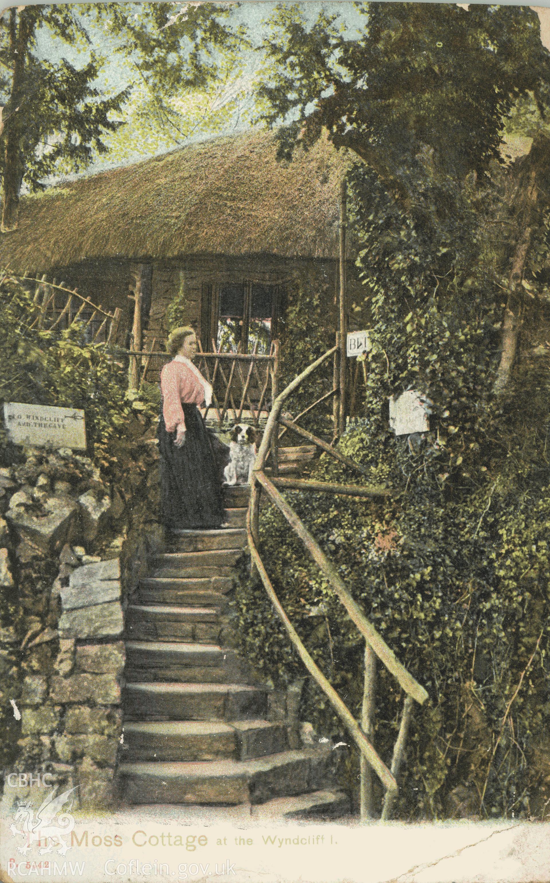 Digitised postcard image of Moss Cottage, Wyndcliffe, with figure, Pictorial Sationery Company Ltd. Produced by Parks and Gardens Data Services, from an original item in the Peter Davis Collection at Parks and Gardens UK. We hold only web-resolution images of this collection, suitable for viewing on screen and for research purposes only. We do not hold the original images, or publication quality scans.