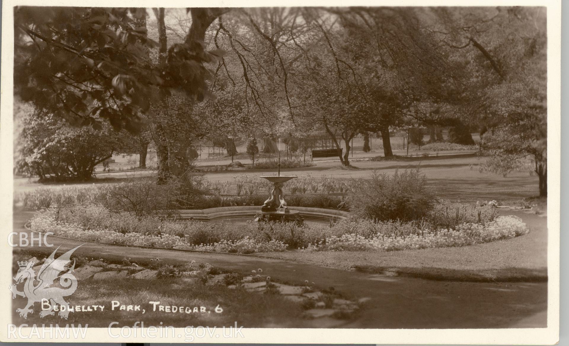 Digitised postcard image of the Fountain, Bedwellty Park. Produced by Parks and Gardens Data Services, from an original item in the Peter Davis Collection at Parks and Gardens UK. We hold only web-resolution images of this collection, suitable for viewing on screen and for research purposes only. We do not hold the original images, or publication quality scans.