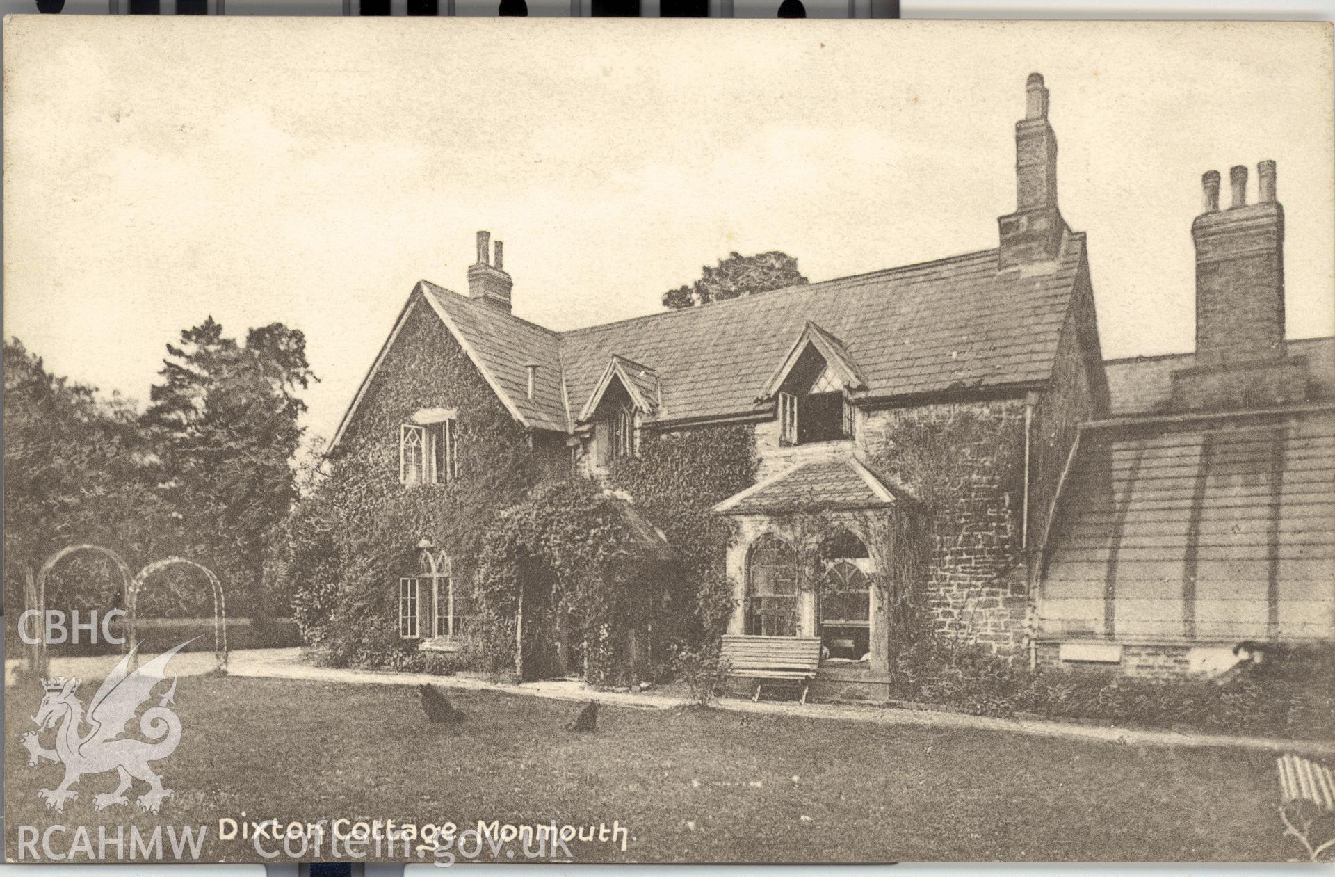 Digitised postcard image of Old Dixton Cottage, Monmouth, H Clayton, Monmouth. Produced by Parks and Gardens Data Services, from an original item in the Peter Davis Collection at Parks and Gardens UK. We hold only web-resolution images of this collection, suitable for viewing on screen and for research purposes only. We do not hold the original images, or publication quality scans.