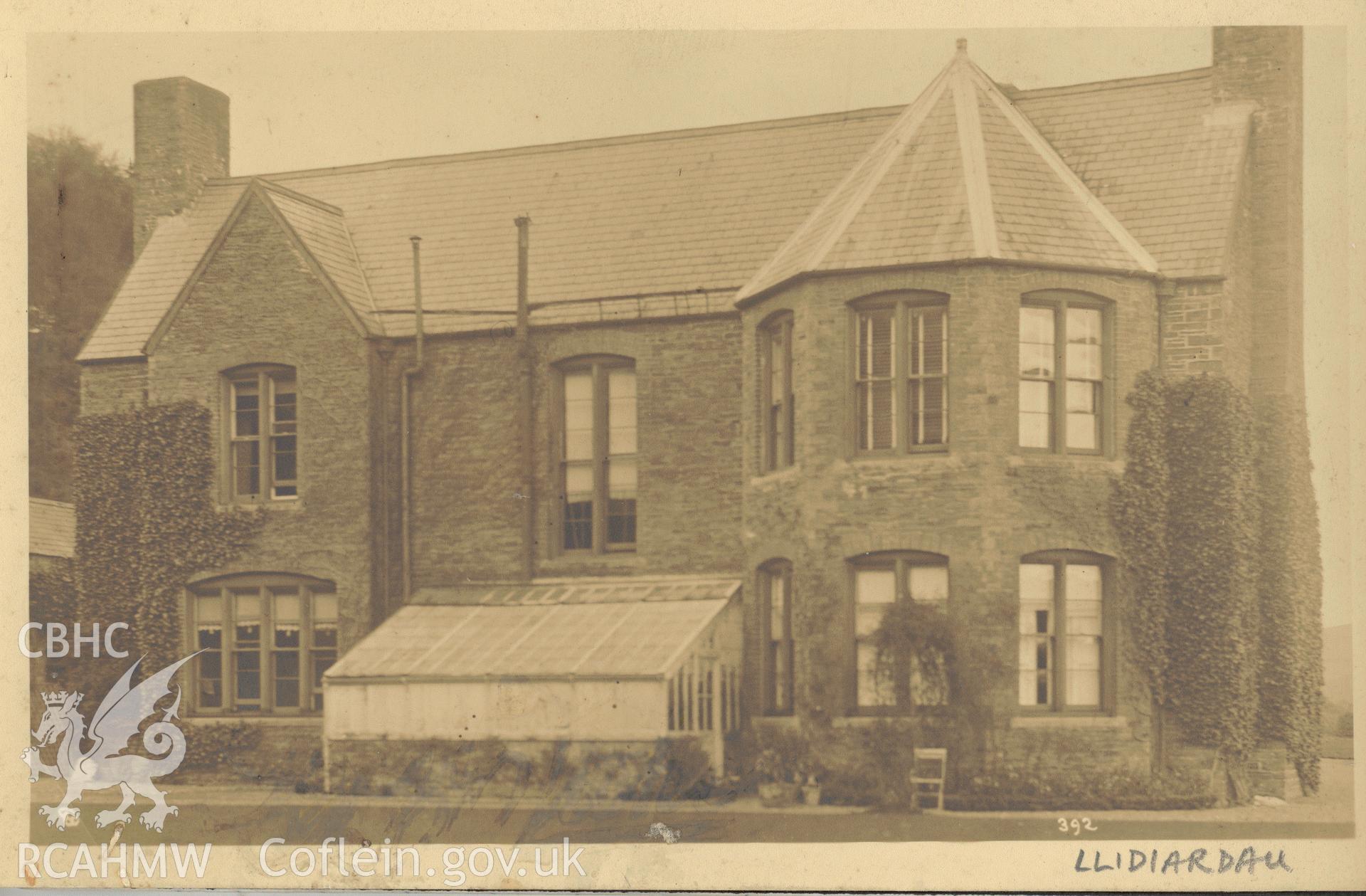 Digitised postcard image of Plas Llidiardau, Llanilar, W. Jenkins Photographer, Aberystwyth. Produced by Parks and Gardens Data Services, from an original item in the Peter Davis Collection at Parks and Gardens UK. We hold only web-resolution images of this collection, suitable for viewing on screen and for research purposes only. We do not hold the original images, or publication quality scans.