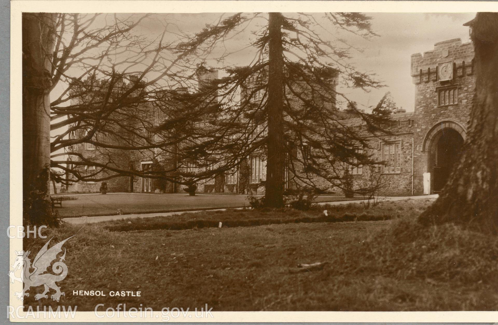 Digitised postcard image of Hensol castle, Pendoylan. Produced by Parks and Gardens Data Services, from an original item in the Peter Davis Collection at Parks and Gardens UK. We hold only web-resolution images of this collection, suitable for viewing on screen and for research purposes only. We do not hold the original images, or publication quality scans.