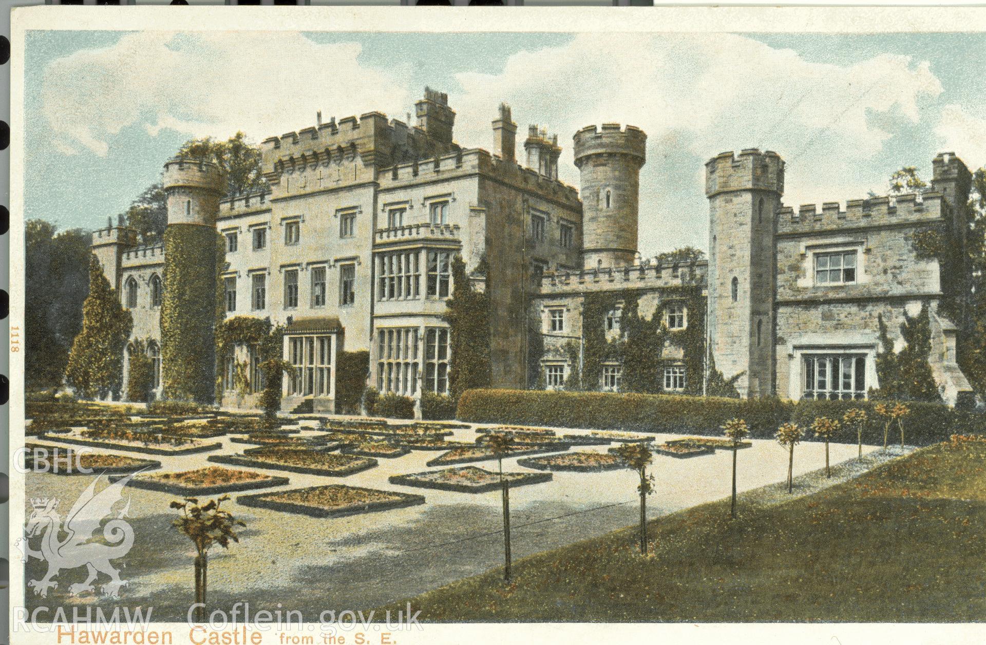 Digitised postcard image of Hawarden Castle, Peacock Brand "Autochrom" Pictorial sationery Co. Ltd., London. Produced by Parks and Gardens Data Services, from an original item in the Peter Davis Collection at Parks and Gardens UK. We hold only web-resolution images of this collection, suitable for viewing on screen and for research purposes only. We do not hold the original images, or publication quality scans.