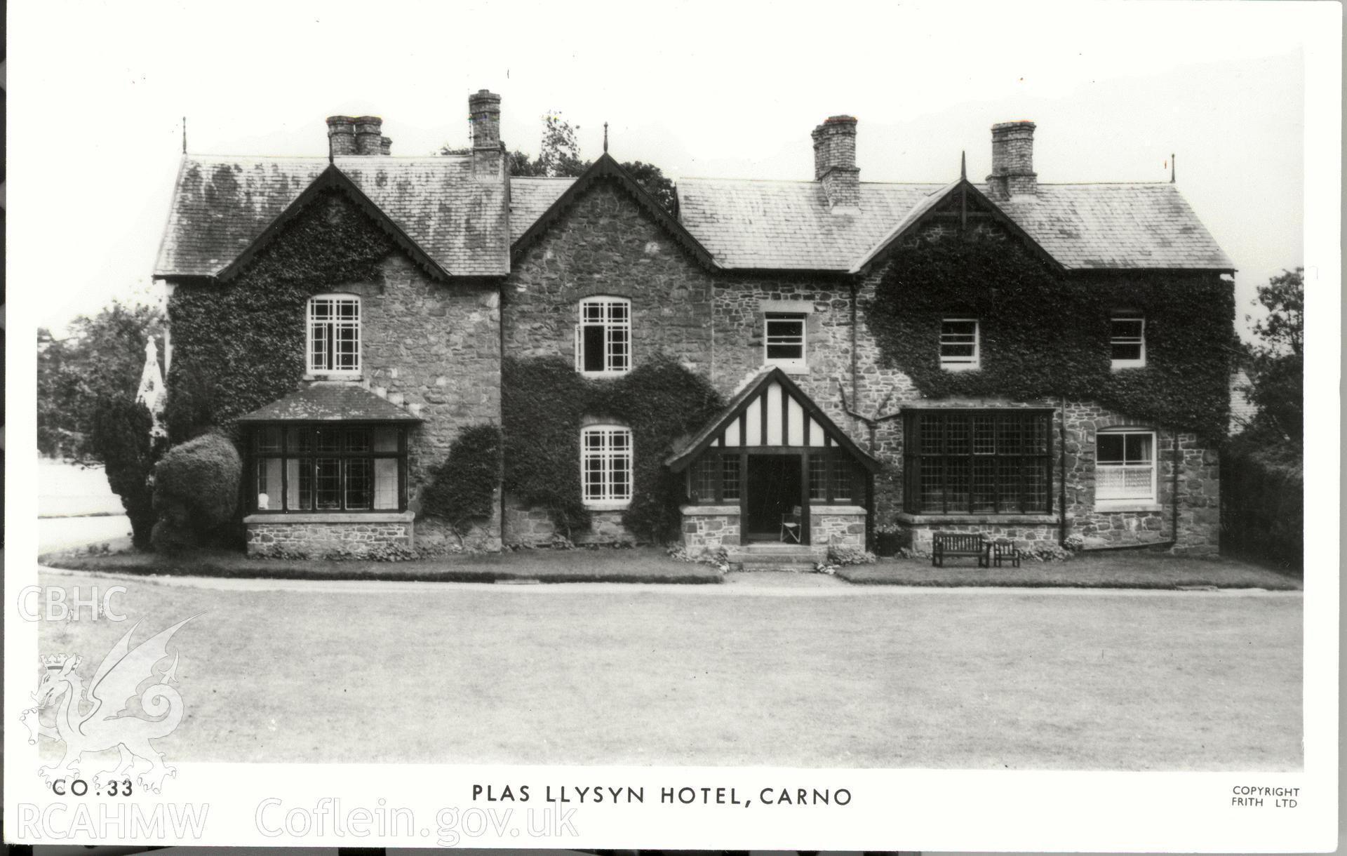 Digitised postcard image of Plas Llysyn, Carno, Frith's Series. Produced by Parks and Gardens Data Services, from an original item in the Peter Davis Collection at Parks and Gardens UK. We hold only web-resolution images of this collection, suitable for viewing on screen and for research purposes only. We do not hold the original images, or publication quality scans.