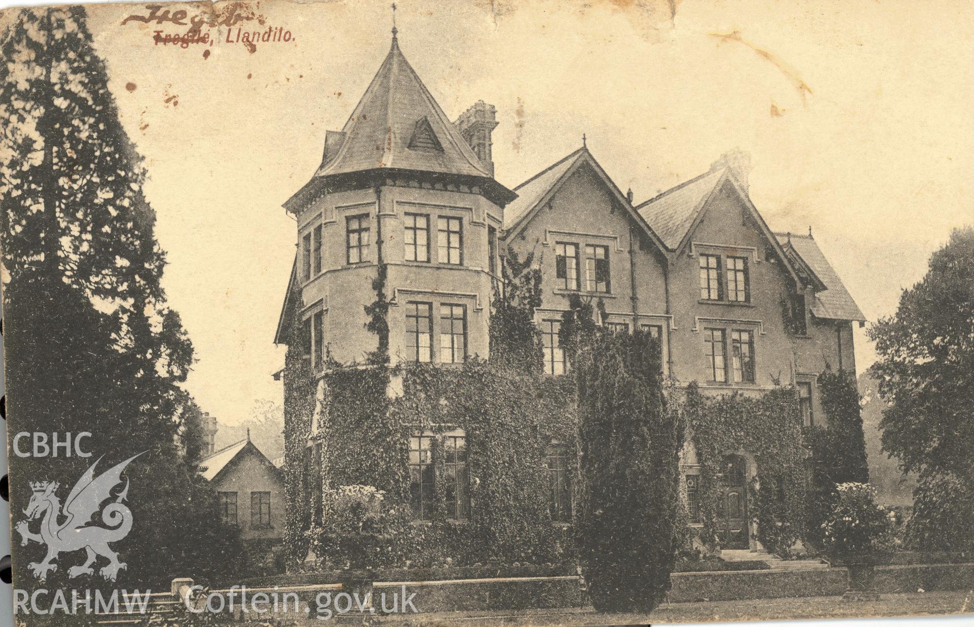 Digitised postcard image of Tregyb, Dyffryn Cennen, A.W. Williams Rutland House, Llandilo. Produced by Parks and Gardens Data Services, from an original item in the Peter Davis Collection at Parks and Gardens UK. We hold only web-resolution images of this collection, suitable for viewing on screen and for research purposes only. We do not hold the original images, or publication quality scans.
