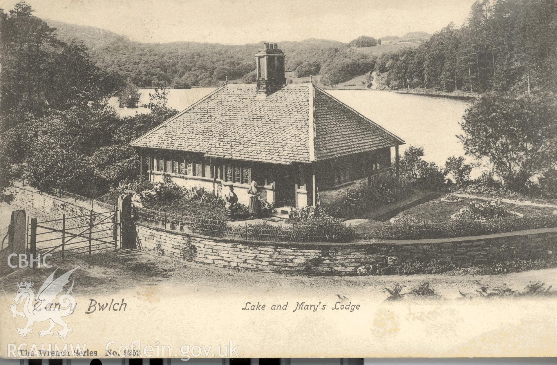 Digitised postcard image of Plas Tanybwlch, Upper Lodge, including Llyn Mair. Produced by Parks and Gardens Data Services, from an original item in the Peter Davis Collection at Parks and Gardens UK. We hold only web-resolution images of this collection, suitable for viewing on screen and for research purposes only. We do not hold the original images, or publication quality scans.