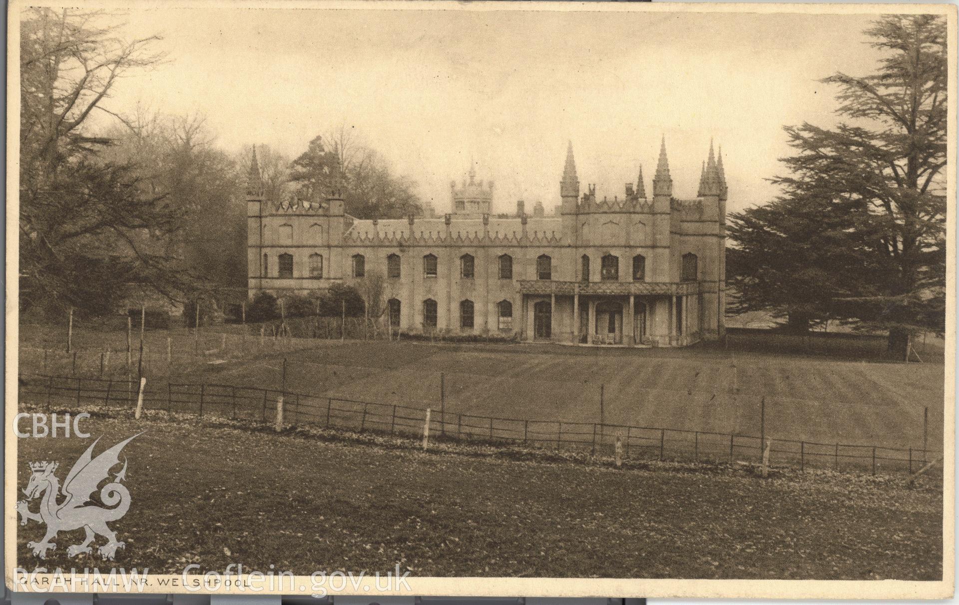 Digitised postcard image of Garth Hall, Guilsfield, the County Times Library, Welshpool. Produced by Parks and Gardens Data Services, from an original item in the Peter Davis Collection at Parks and Gardens UK. We hold only web-resolution images of this collection, suitable for viewing on screen and for research purposes only. We do not hold the original images, or publication quality scans.