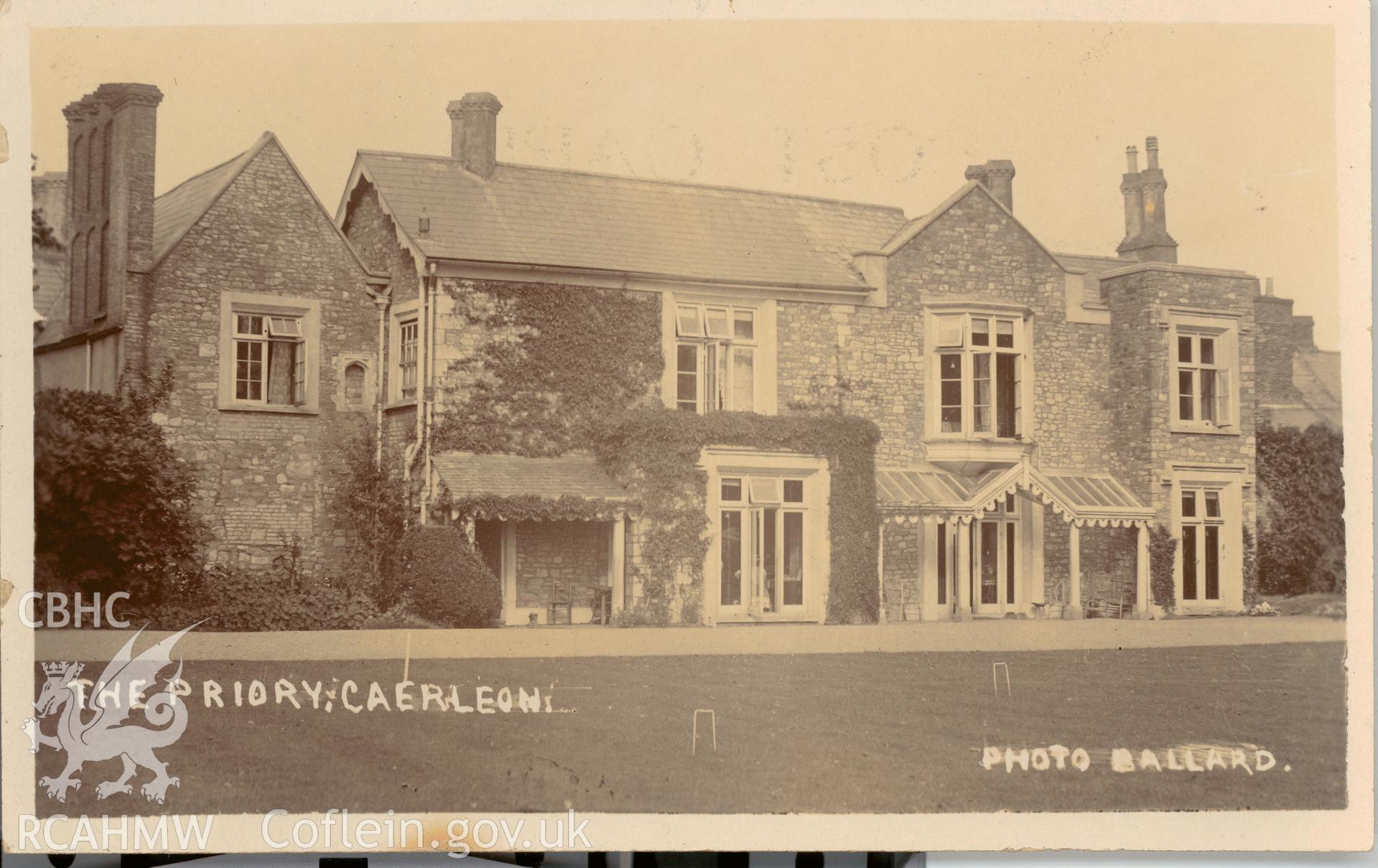 Digitised postcard image of the Priory, Caerleon,  Ballard. Produced by Parks and Gardens Data Services, from an original item in the Peter Davis Collection at Parks and Gardens UK. We hold only web-resolution images of this collection, suitable for viewing on screen and for research purposes only. We do not hold the original images, or publication quality scans.