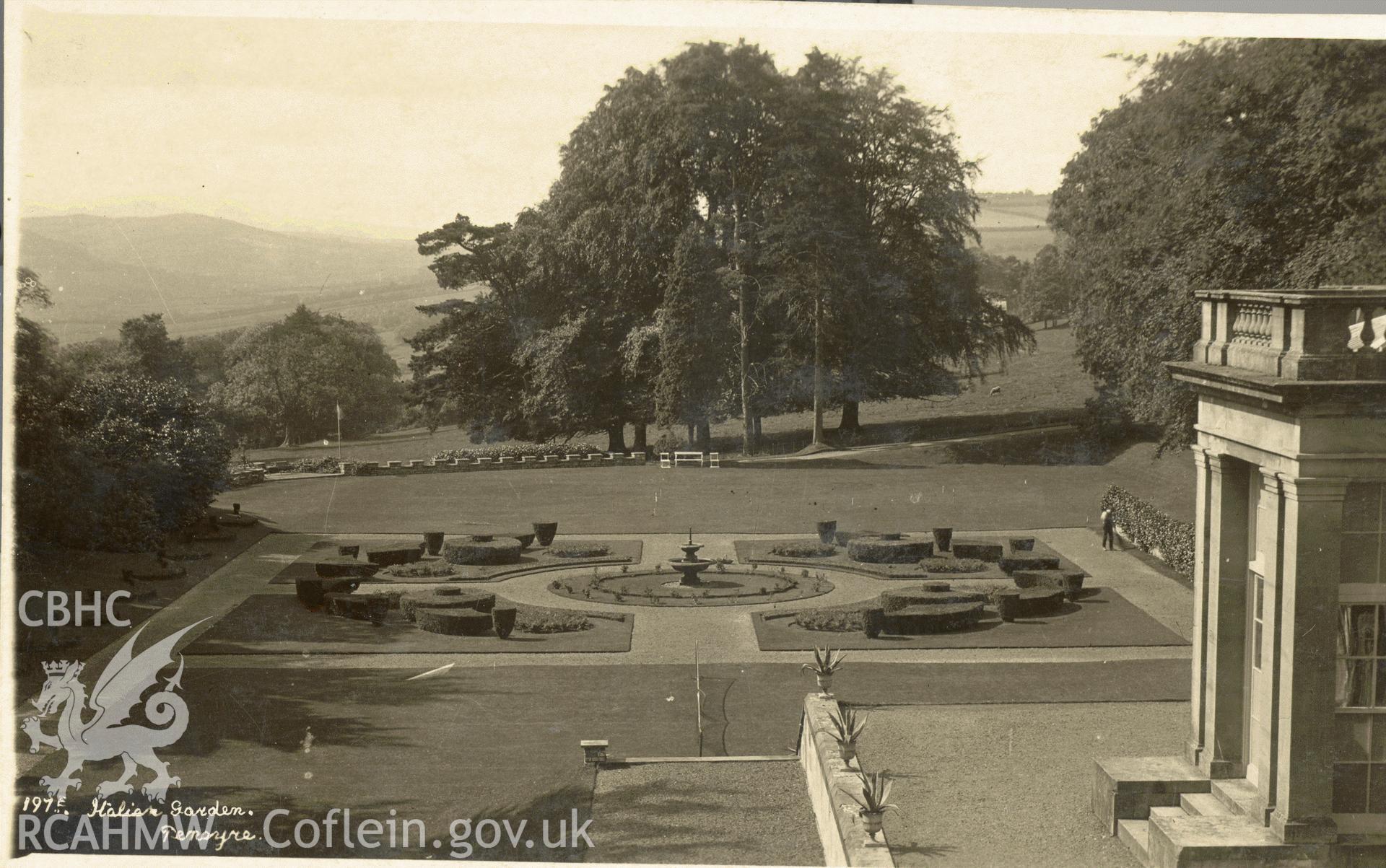 Digitised postcard image of Italian garden, Penoyre, Talgarth, O. Jackson, Wellington Studio, Talgarth. Produced by Parks and Gardens Data Services, from an original item in the Peter Davis Collection at Parks and Gardens UK. We hold only web-resolution images of this collection, suitable for viewing on screen and for research purposes only. We do not hold the original images, or publication quality scans.