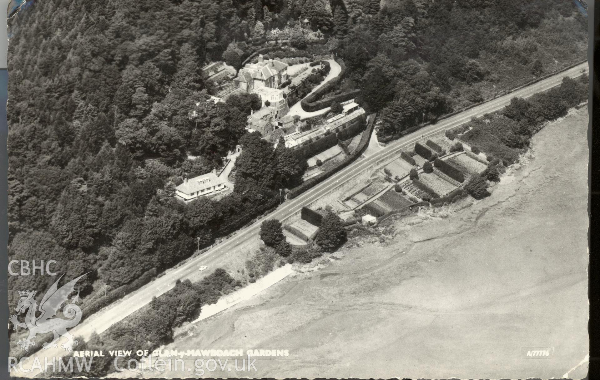 Digitised postcard image of aerial view of Glan-y-Mawddach gardens, Aerofilms and Aeropictorial Ltd, Elstree Way Boreham Wood, Herts. Produced by Parks and Gardens Data Services, from an original item in the Peter Davis Collection at Parks and Gardens UK. We hold only web-resolution images of this collection, suitable for viewing on screen and for research purposes only. We do not hold the original images, or publication quality scans.