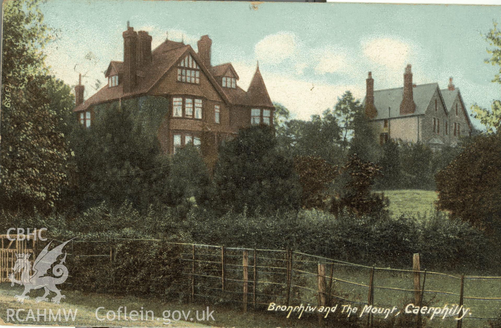 Digitised postcard image of Bronrhiw and The Mount, Caerphilly, The Wrench Series. Produced by Parks and Gardens Data Services, from an original item in the Peter Davis Collection at Parks and Gardens UK. We hold only web-resolution images of this collection, suitable for viewing on screen and for research purposes only. We do not hold the original images, or publication quality scans.