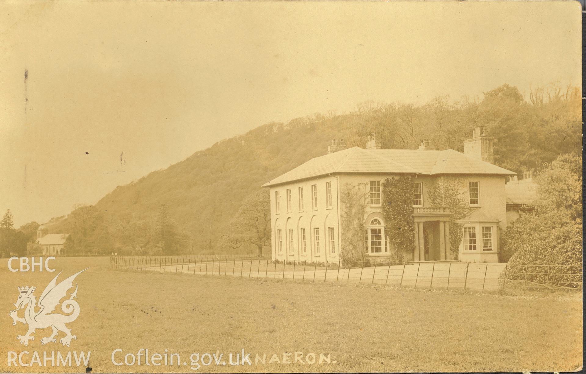 Digitised postcard image of Llanerchaeron House. Produced by Parks and Gardens Data Services, from an original item in the Peter Davis Collection at Parks and Gardens UK. We hold only web-resolution images of this collection, suitable for viewing on screen and for research purposes only. We do not hold the original images, or publication quality scans.