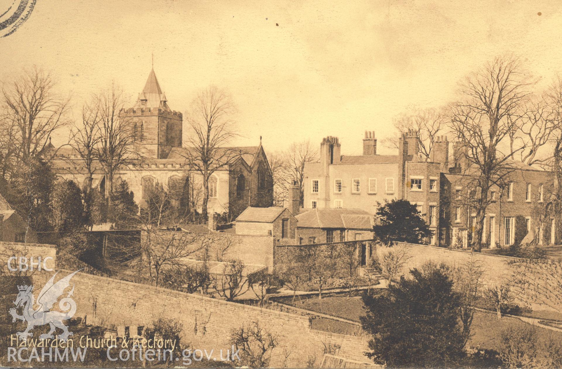 Digitised postcard image of St Deiniol's church and rectory, Harwarden, W.B. Jones, Post Office, Harwarden. Produced by Parks and Gardens Data Services, from an original item in the Peter Davis Collection at Parks and Gardens UK. We hold only web-resolution images of this collection, suitable for viewing on screen and for research purposes only. We do not hold the original images, or publication quality scans.