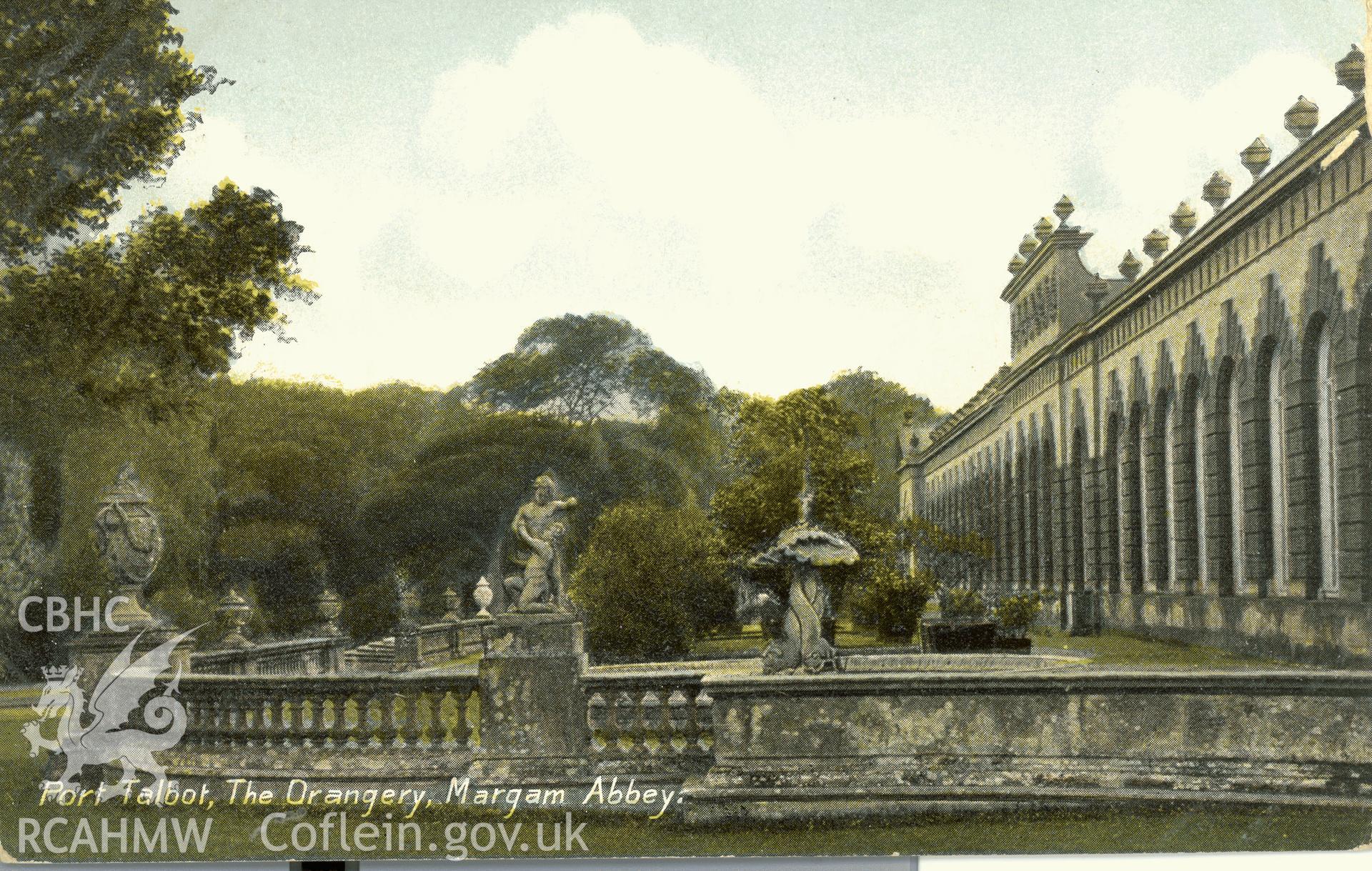 Digitised postcard image of the Orangery, Margam Castle, W.H.S.&S. "Derwent" Series. Produced by Parks and Gardens Data Services, from an original item in the Peter Davis Collection at Parks and Gardens UK. We hold only web-resolution images of this collection, suitable for viewing on screen and for research purposes only. We do not hold the original images, or publication quality scans.