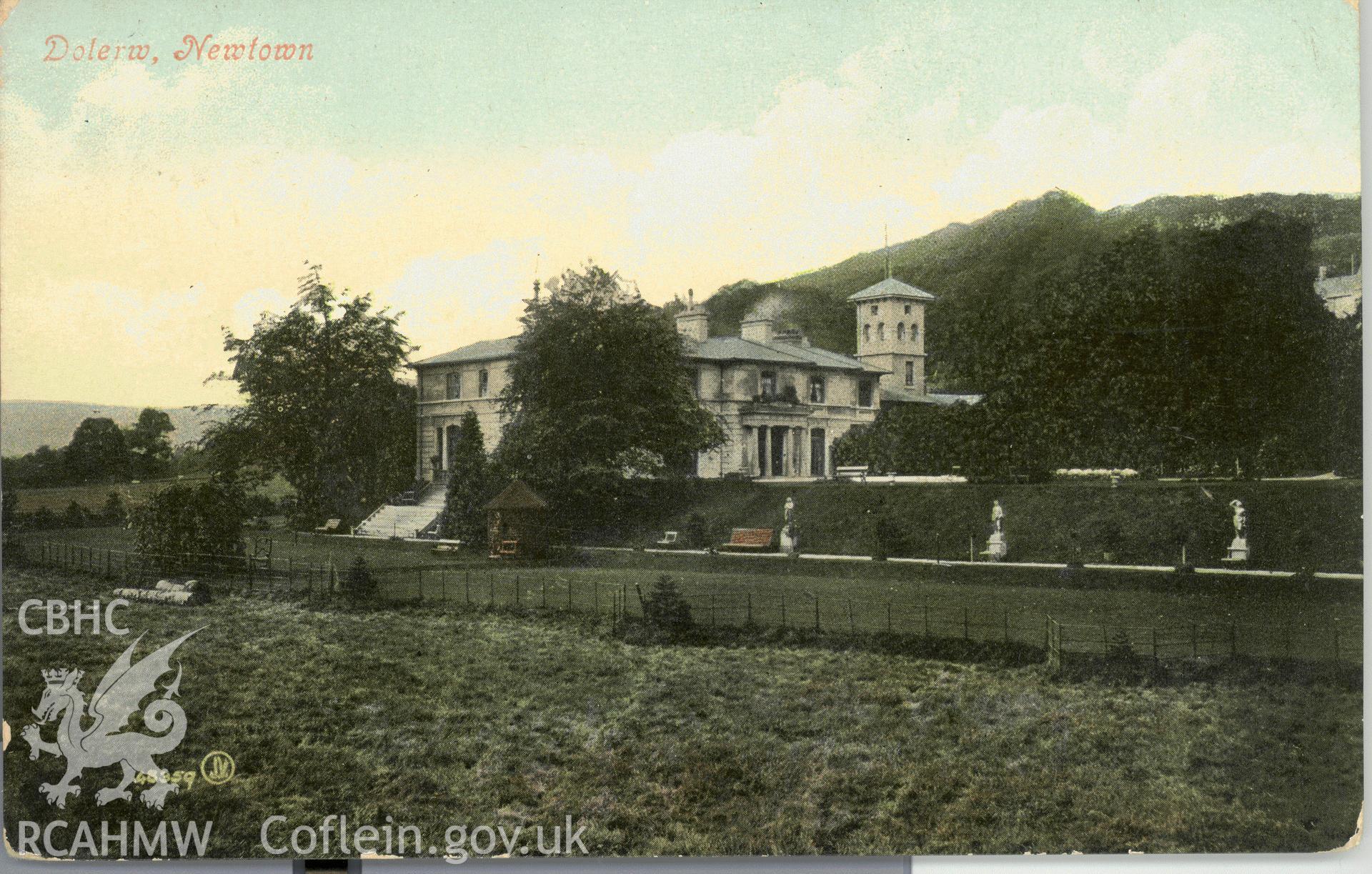 Digitised postcard image of Dolerw, Newtown, Valentine and Sons Ltd. Produced by Parks and Gardens Data Services, from an original item in the Peter Davis Collection at Parks and Gardens UK. We hold only web-resolution images of this collection, suitable for viewing on screen and for research purposes only. We do not hold the original images, or publication quality scans.