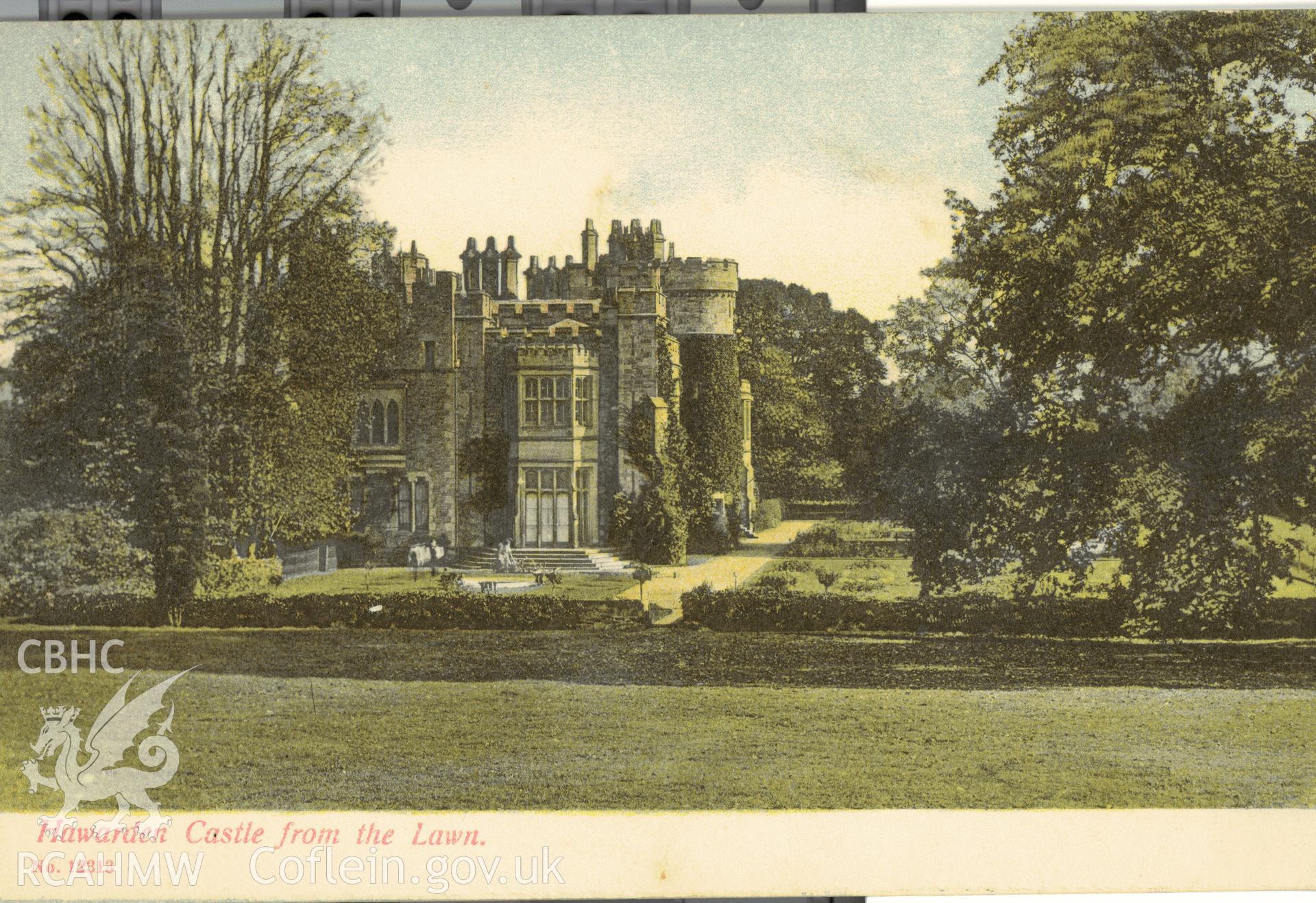 Digitised postcard image of Hawarden Castle. Produced by Parks and Gardens Data Services, from an original item in the Peter Davis Collection at Parks and Gardens UK. We hold only web-resolution images of this collection, suitable for viewing on screen and for research purposes only. We do not hold the original images, or publication quality scans.