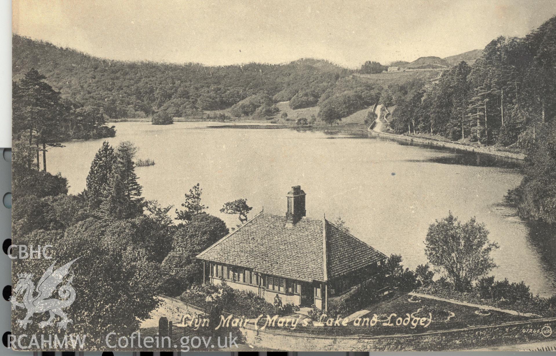 Digitised postcard image of Plas Tanybwlch, Upper Lodge, including Llyn Mair, Valentine's Series. Produced by Parks and Gardens Data Services, from an original item in the Peter Davis Collection at Parks and Gardens UK. We hold only web-resolution images of this collection, suitable for viewing on screen and for research purposes only. We do not hold the original images, or publication quality scans.