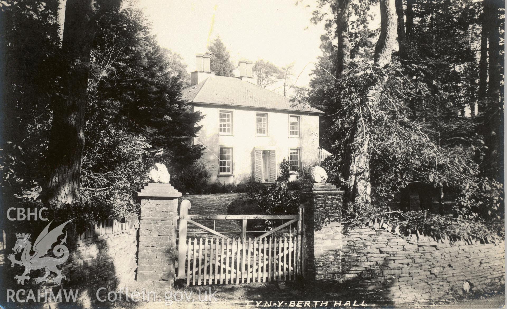 Digitised postcard image of Tyn-y-Berth Hall, Corris Uchaf, George and Son. Produced by Parks and Gardens Data Services, from an original item in the Peter Davis Collection at Parks and Gardens UK. We hold only web-resolution images of this collection, suitable for viewing on screen and for research purposes only. We do not hold the original images, or publication quality scans.