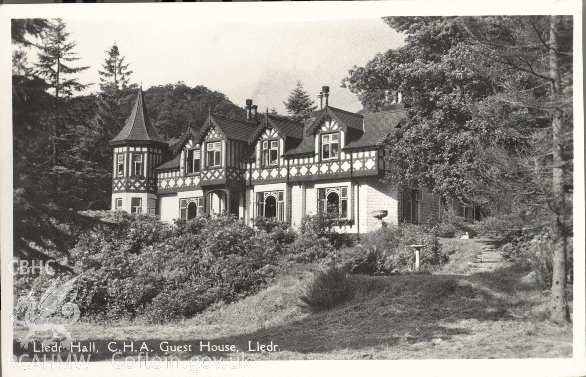 Digitised postcard image of  Lledr Hall, Dolwyddelan. Produced by Parks and Gardens Data Services, from an original item in the Peter Davis Collection at Parks and Gardens UK. We hold only web-resolution images of this collection, suitable for viewing on screen and for research purposes only. We do not hold the original images, or publication quality scans.