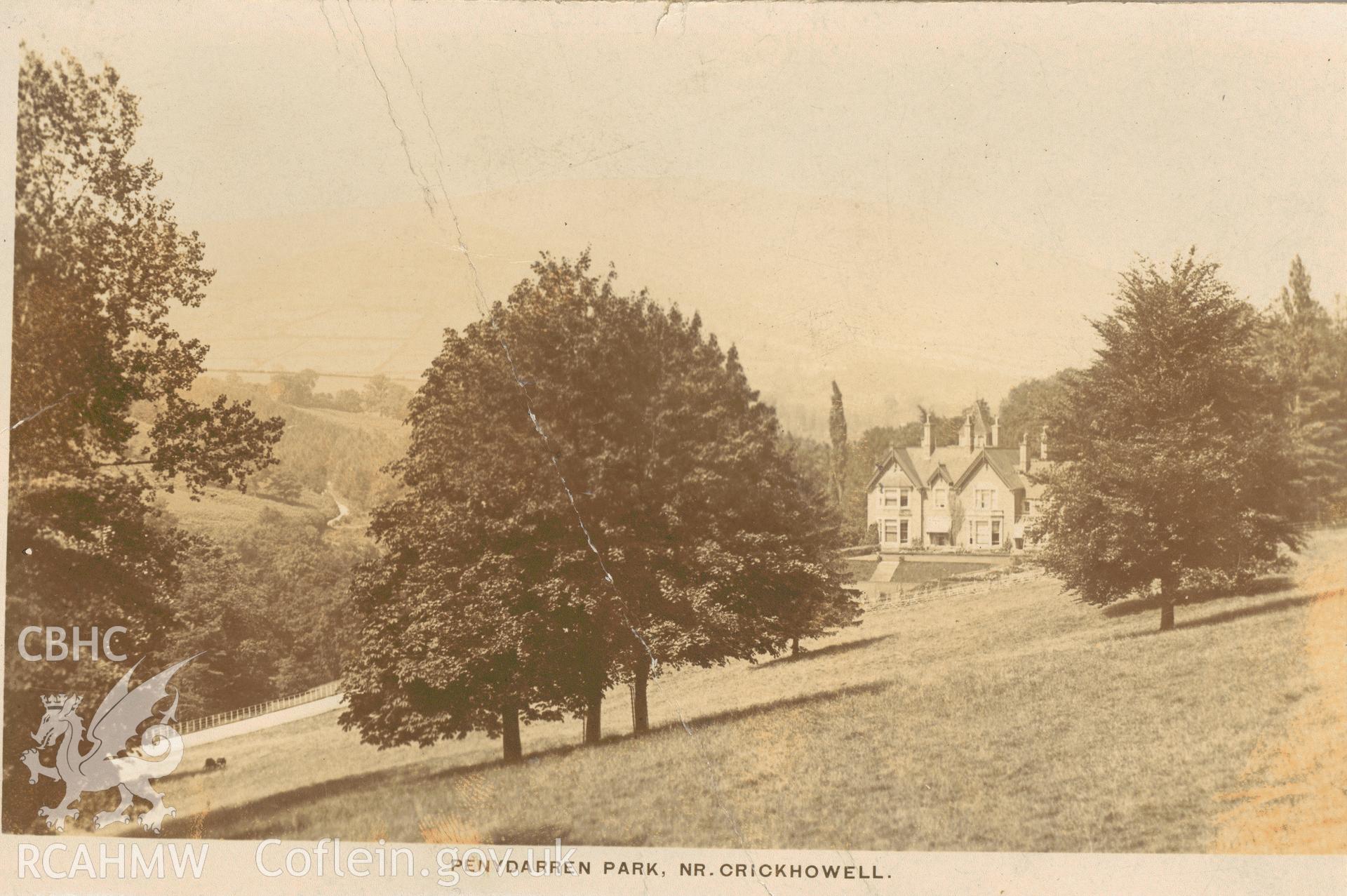 Digitised postcard image of Pendarren, Llangenny. Produced by Parks and Gardens Data Services, from an original item in the Peter Davis Collection at Parks and Gardens UK. We hold only web-resolution images of this collection, suitable for viewing on screen and for research purposes only. We do not hold the original images, or publication quality scans.