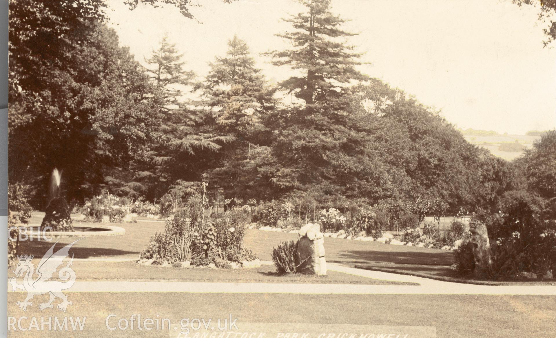 Digitised postcard image of Llangattock Park garden. Produced by Parks and Gardens Data Services, from an original item in the Peter Davis Collection at Parks and Gardens UK. We hold only web-resolution images of this collection, suitable for viewing on screen and for research purposes only. We do not hold the original images, or publication quality scans.