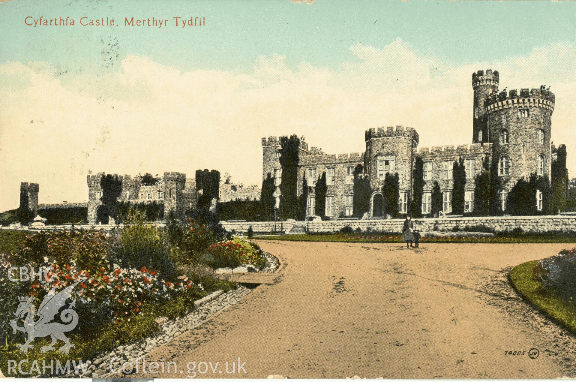 Digitised postcard image of Cyfarthfa Castle, Merthyr Tydfil, Valentine and Sons Ltd. Produced by Parks and Gardens Data Services, from an original item in the Peter Davis Collection at Parks and Gardens UK. We hold only web-resolution images of this collection, suitable for viewing on screen and for research purposes only. We do not hold the original images, or publication quality scans.