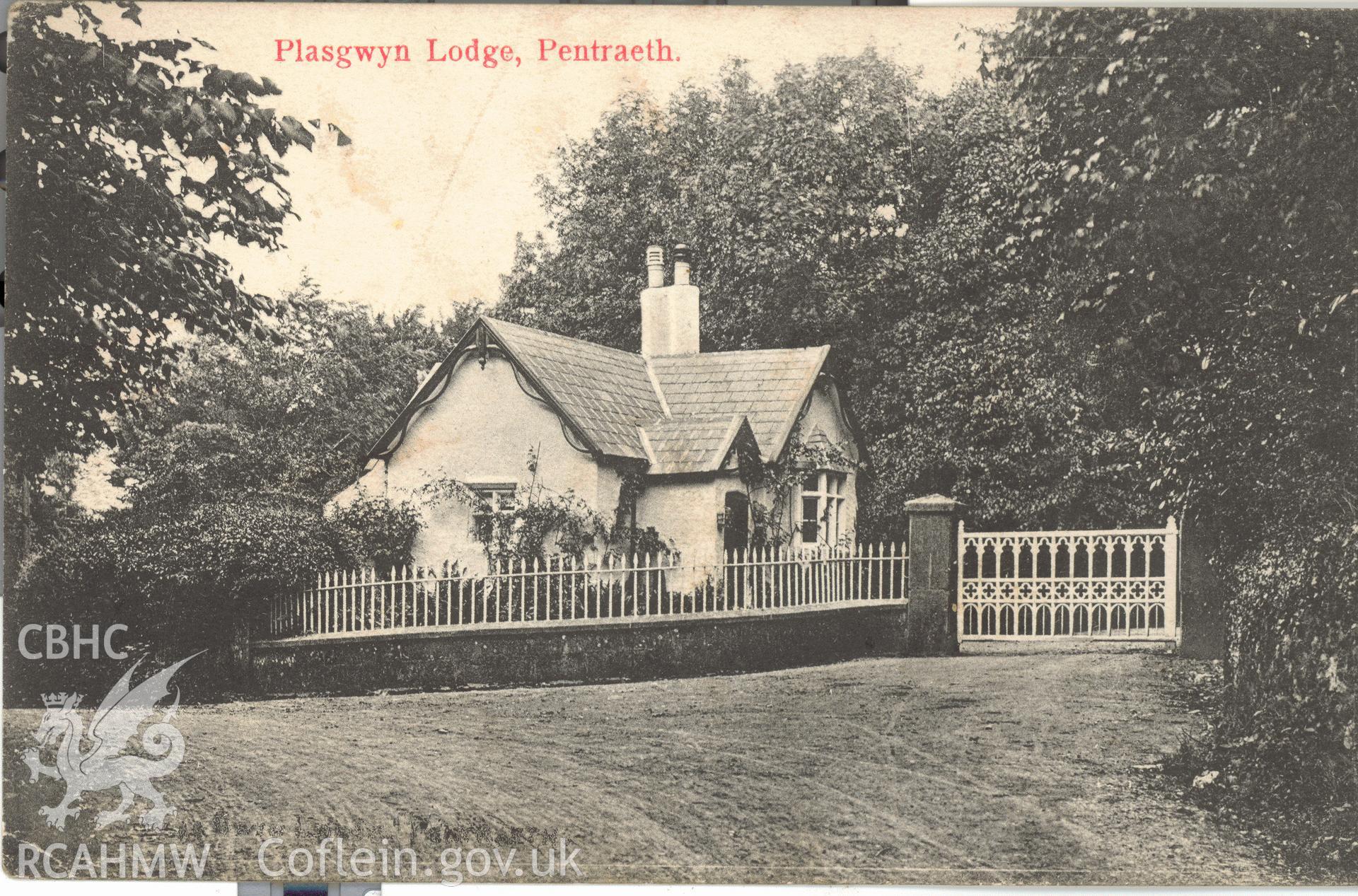 Digitised postcard image of Plasgwyn Bangor Lodge, Pentraeth, B. Thomas and Sons, Pentraeth, Anglesey. Produced by Parks and Gardens Data Services, from an original item in the Peter Davis Collection at Parks and Gardens UK. We hold only web-resolution images of this collection, suitable for viewing on screen and for research purposes only. We do not hold the original images, or publication quality scans.