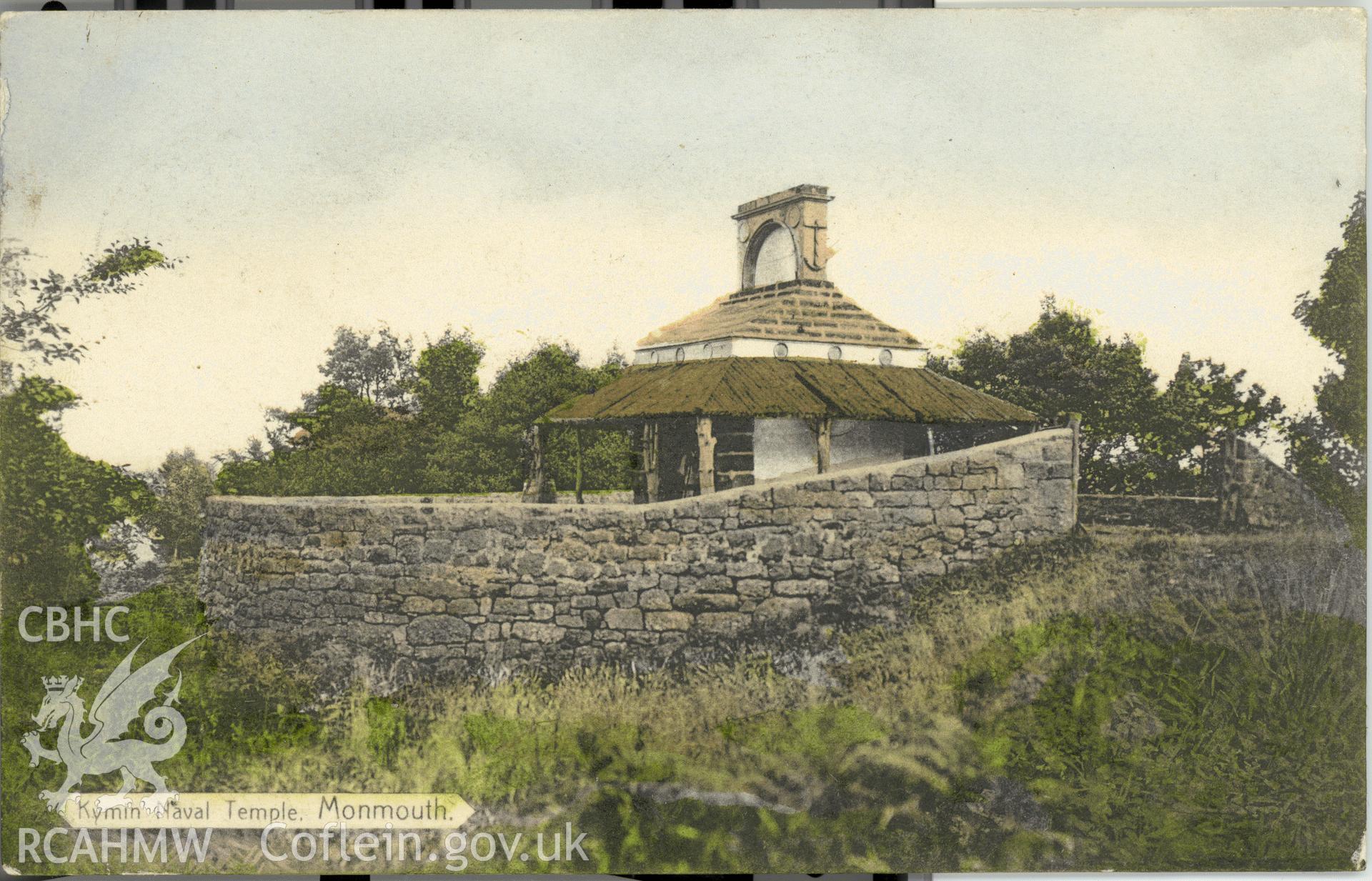 Digitised postcard image of Kymin Naval Temple, Monmouth, H Clayton, Monmouth. Produced by Parks and Gardens Data Services, from an original item in the Peter Davis Collection at Parks and Gardens UK. We hold only web-resolution images of this collection, suitable for viewing on screen and for research purposes only. We do not hold the original images, or publication quality scans.