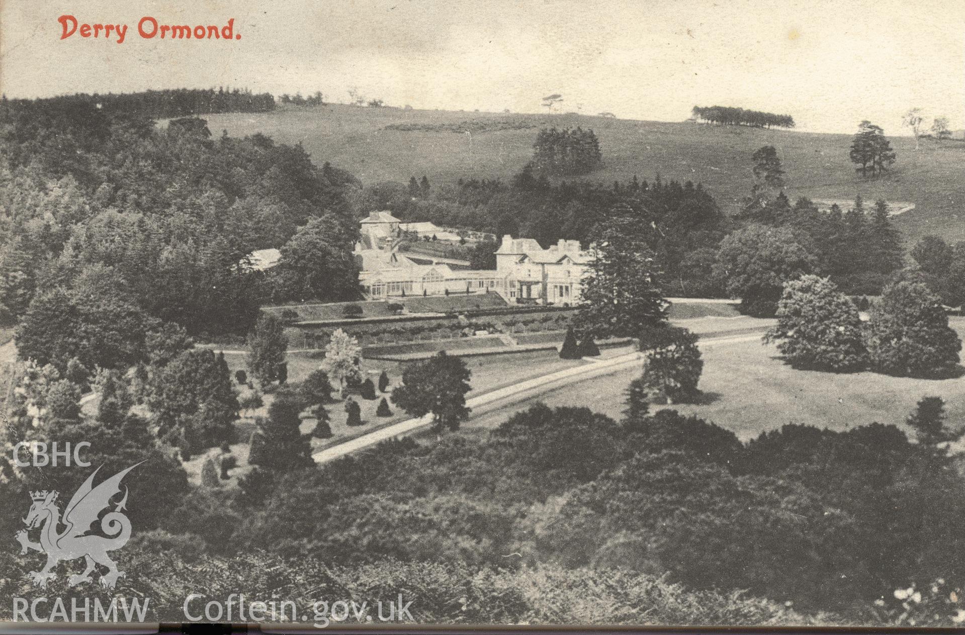 Digitised postcard image of Derry Ormond, Betws Bledrws. Produced by Parks and Gardens Data Services, from an original item in the Peter Davis Collection at Parks and Gardens UK. We hold only web-resolution images of this collection, suitable for viewing on screen and for research purposes only. We do not hold the original images, or publication quality scans.