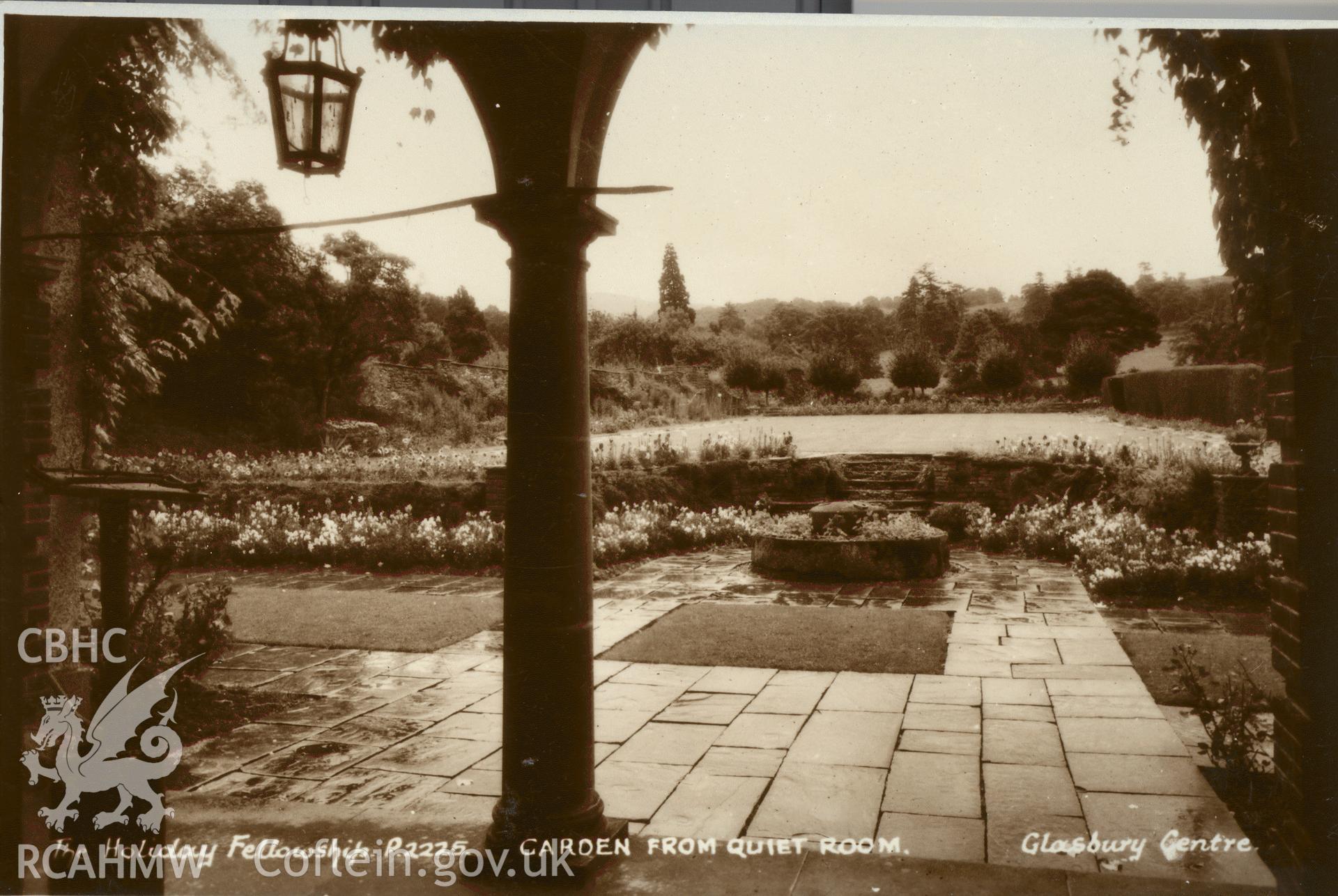 Digitised postcard image of gardens at Tregoyd Hall, Gwernyfed, E.A. Sweetman & Son, Ltd.,Tunbridge Wells. Produced by Parks and Gardens Data Services, from an original item in the Peter Davis Collection at Parks and Gardens UK. We hold only web-resolution images of this collection, suitable for viewing on screen and for research purposes only. We do not hold the original images, or publication quality scans.