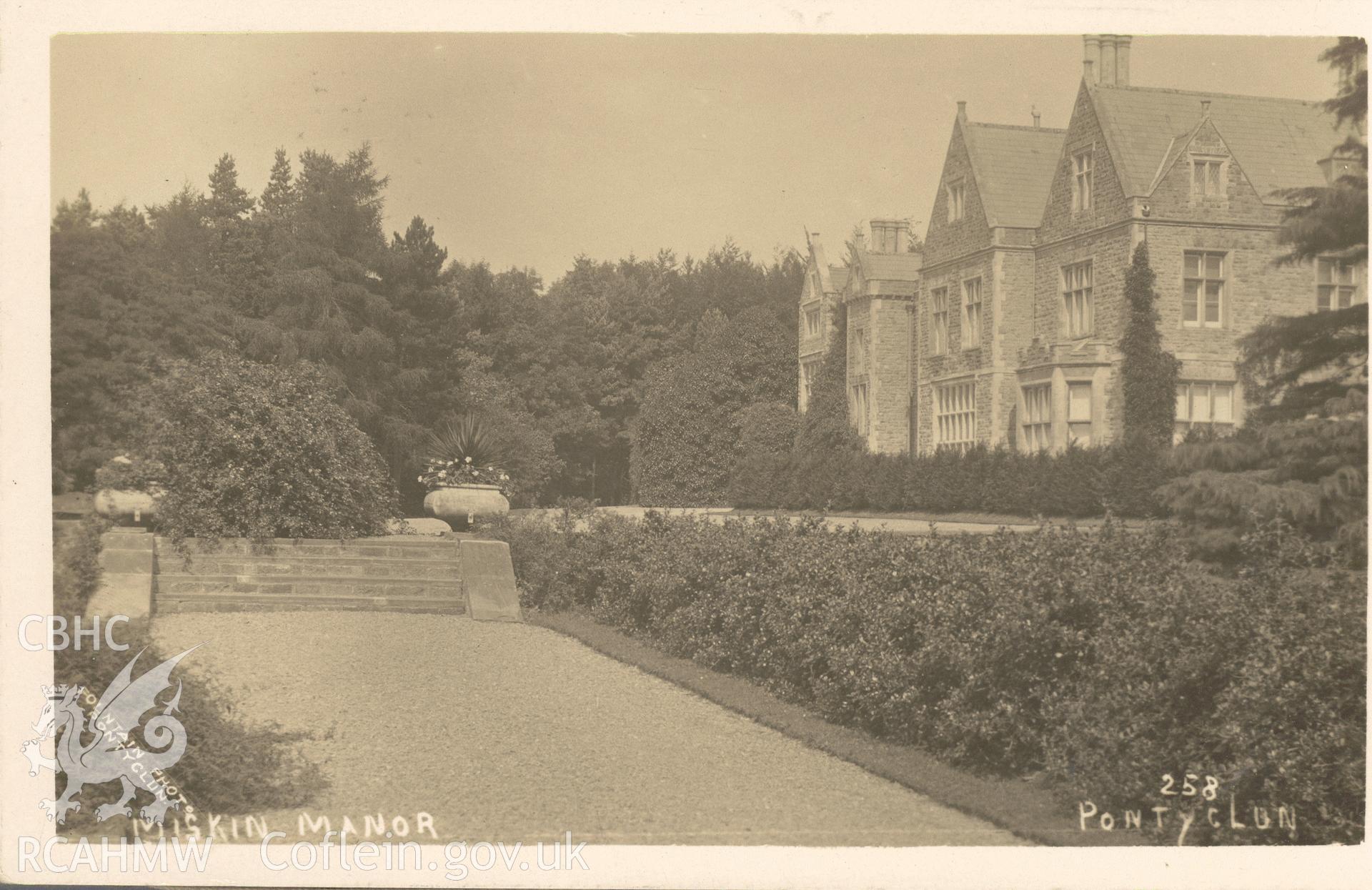 Digitised postcard image of Miskin Manor, Pontyclun, Fountain Photo Pontyclun. Produced by Parks and Gardens Data Services, from an original item in the Peter Davis Collection at Parks and Gardens UK. We hold only web-resolution images of this collection, suitable for viewing on screen and for research purposes only. We do not hold the original images, or publication quality scans.