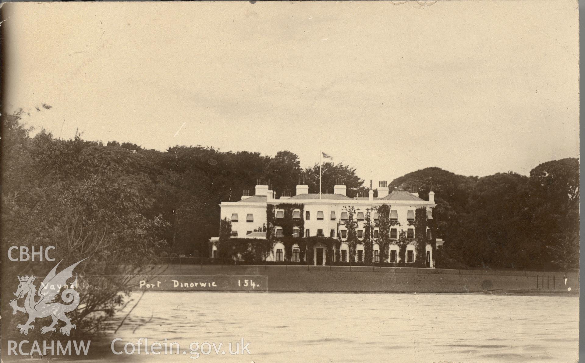 Digitised postcard image of Vaynol Hall (new), Bangor, Carnarvonshire View Co. Produced by Parks and Gardens Data Services, from an original item in the Peter Davis Collection at Parks and Gardens UK. We hold only web-resolution images of this collection, suitable for viewing on screen and for research purposes only. We do not hold the original images, or publication quality scans.