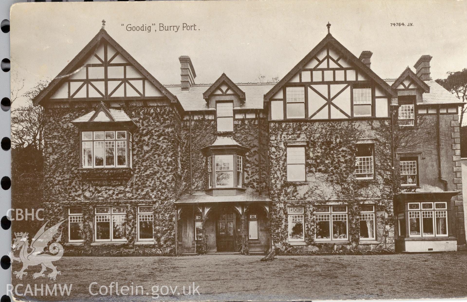 Digitised postcard image of Goodig House, Burry Port. Produced by Parks and Gardens Data Services, from an original item in the Peter Davis Collection at Parks and Gardens UK. We hold only web-resolution images of this collection, suitable for viewing on screen and for research purposes only. We do not hold the original images, or publication quality scans.