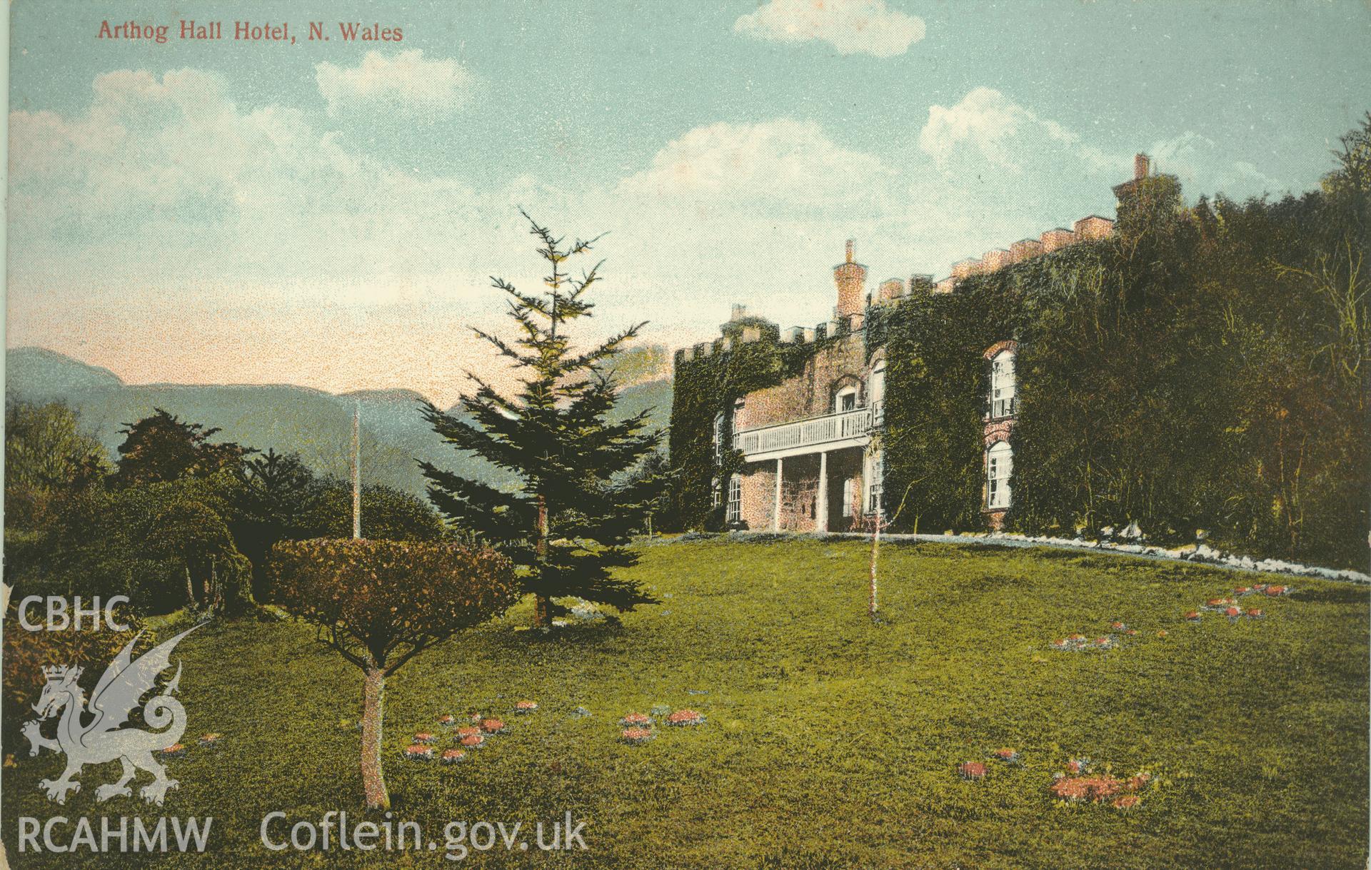 Digitised postcard image of Arthog Hall Hotel, Arthog, W. Williams, Post Office, Arthog. Produced by Parks and Gardens Data Services, from an original item in the Peter Davis Collection at Parks and Gardens UK. We hold only web-resolution images of this collection, suitable for viewing on screen and for research purposes only. We do not hold the original images, or publication quality scans.